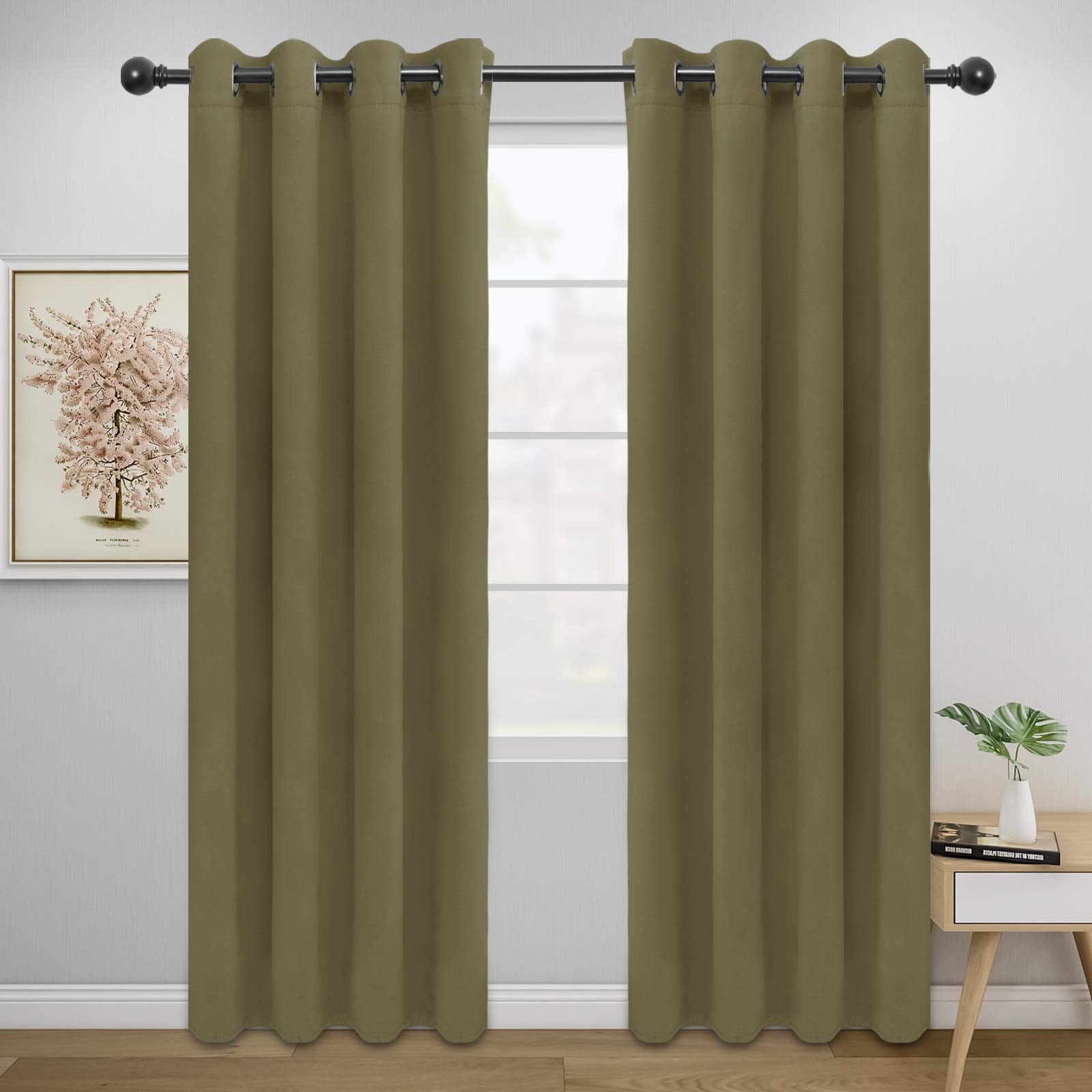 Easy-Going Blackout Curtains For Bedroom, Solid Thermal Insulated Grommet And Noise Reduction Window Drapes, Room Darkening Curtains For Living Room, 2 Panels(52X84 In,Khaki)