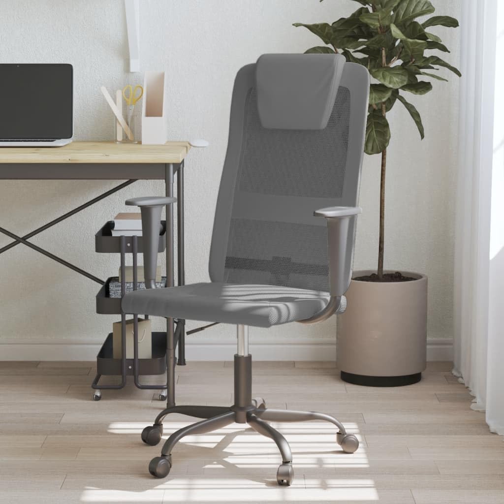 vidaXL Gray Office Chair - Breathable Mesh Fabric and Faux Leather, Adjustable Height with 360-Degree Swivel, Rolling Castors, Solid Metal and Plywood Frame