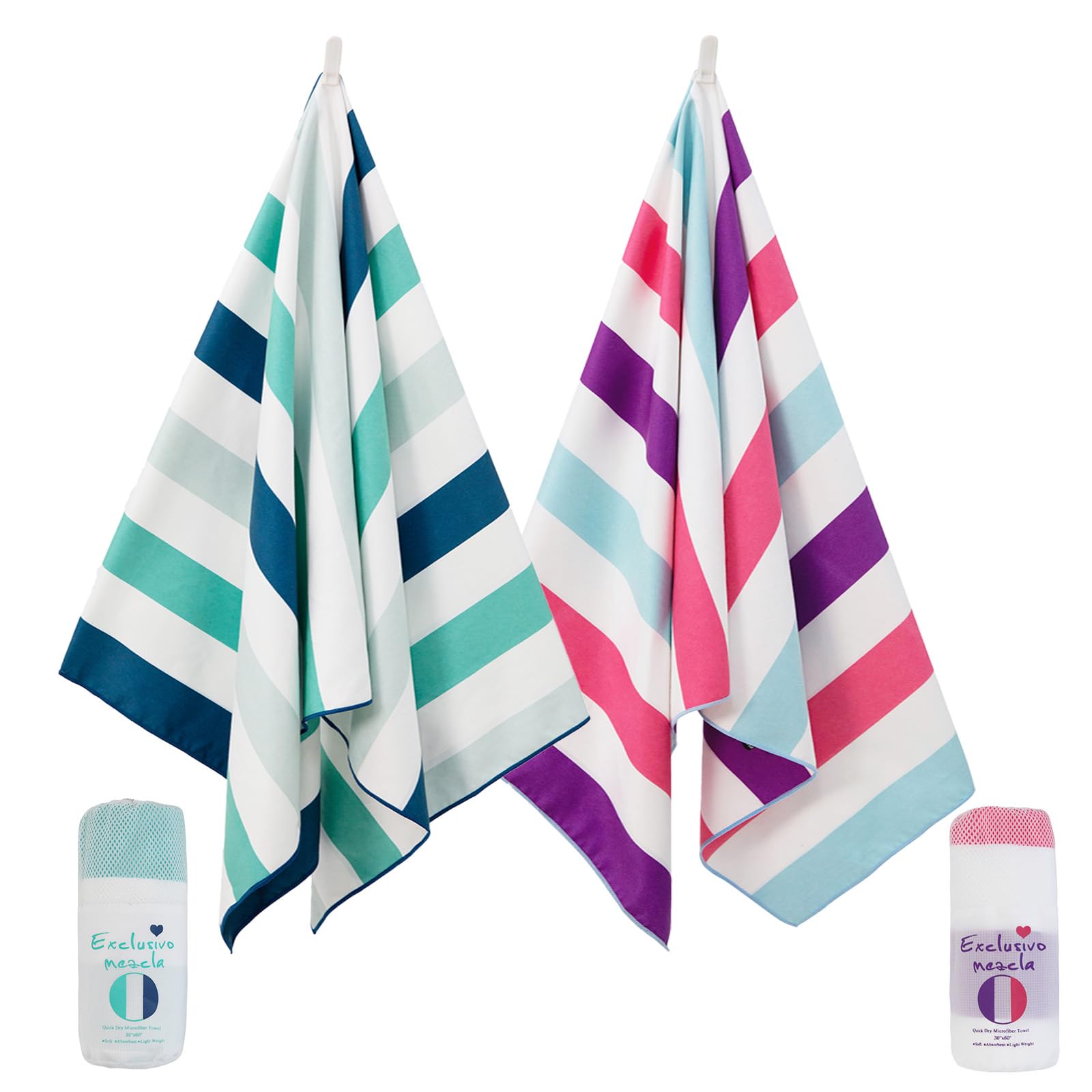 Exclusivo Mezcla 2 Pack Oversized Microfiber Quick Dry Beach Towels, Lightweight Sand-Free Cabana Stripe Pool Travel Camping Tow