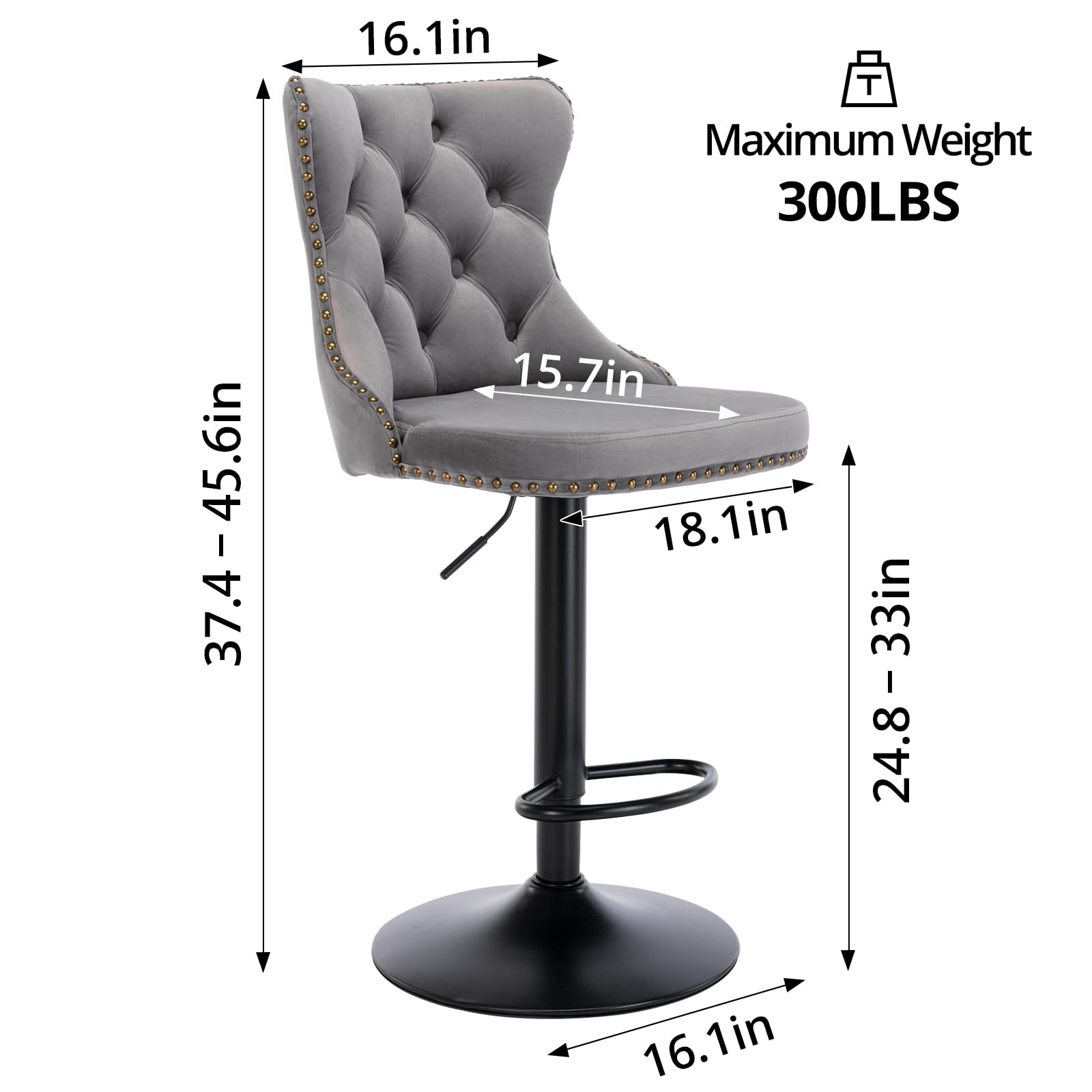 Swivel Bar Stools Set Of 2, Adjustable Counter Height Barstools With Nailheads Trim, Button Tufted Back And Black Footrest, Velvet Upholstered Bar Chairs For Dining Room Home Bar Kitchen Island, Gray