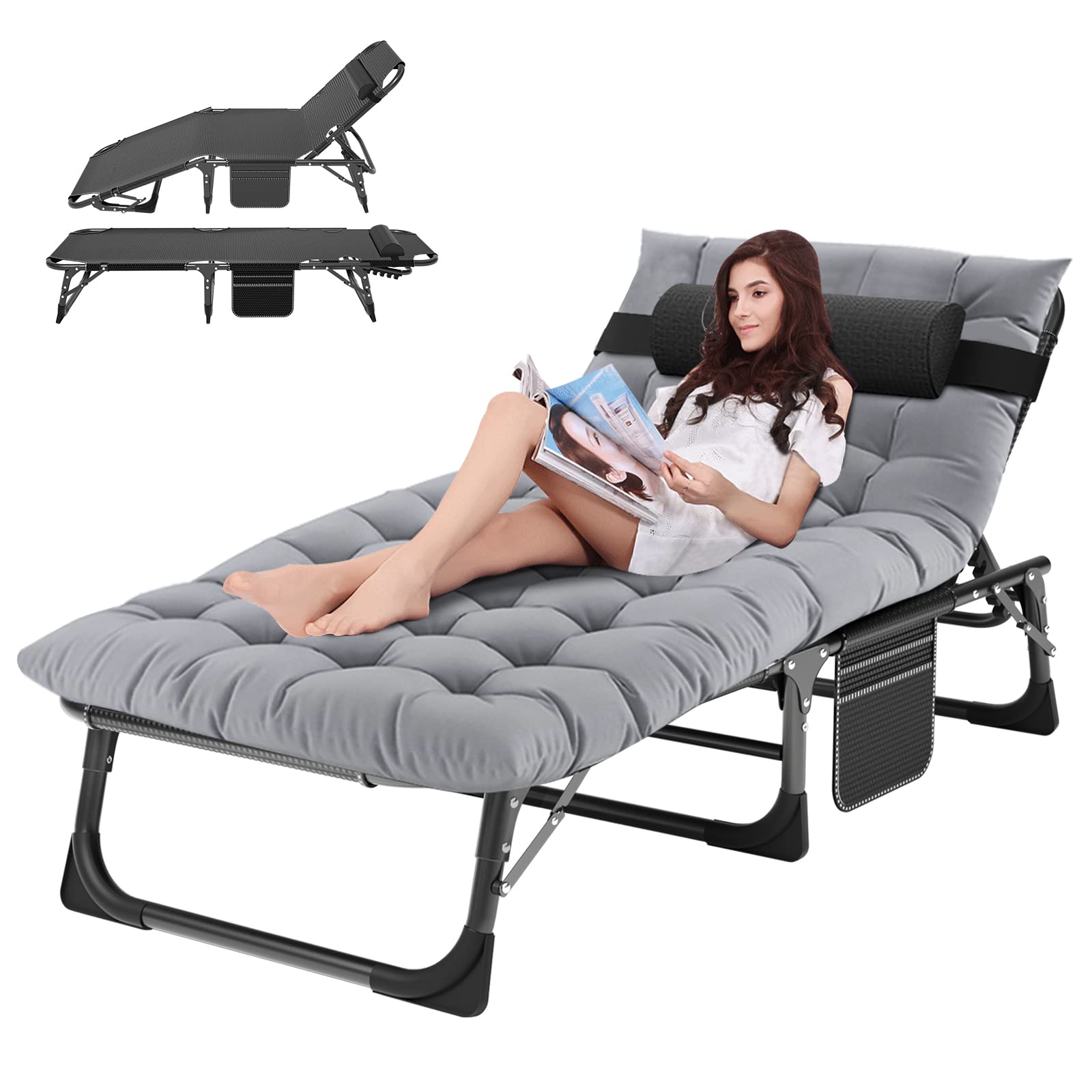Aboron Chaise Lounge Chair,5 Positions Padded Outdoor Tanning Chair,Heavy Duty Portable Lounge Chair For Outdoor Sunbathing Patio Pool Lawn Deck Poolside,Support Up To 440 Lbs