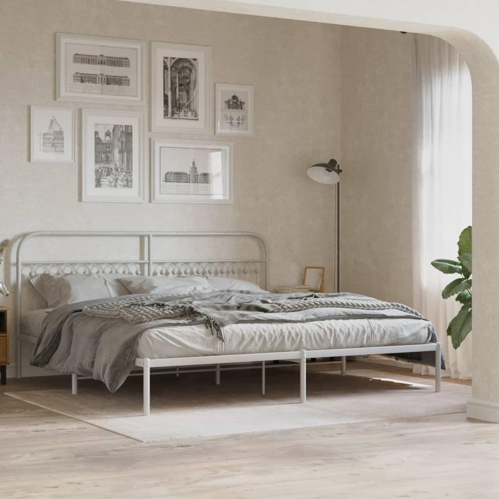 vidaXL Metal Bed Frame with Headboard - White, King Size (76x79.9) - Durable Steel Slats, Extra Storage Space