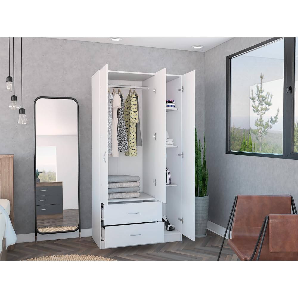Tuhome Austral 3 Door Armoire with Drawers, Shelves, and Hanging Rod -White