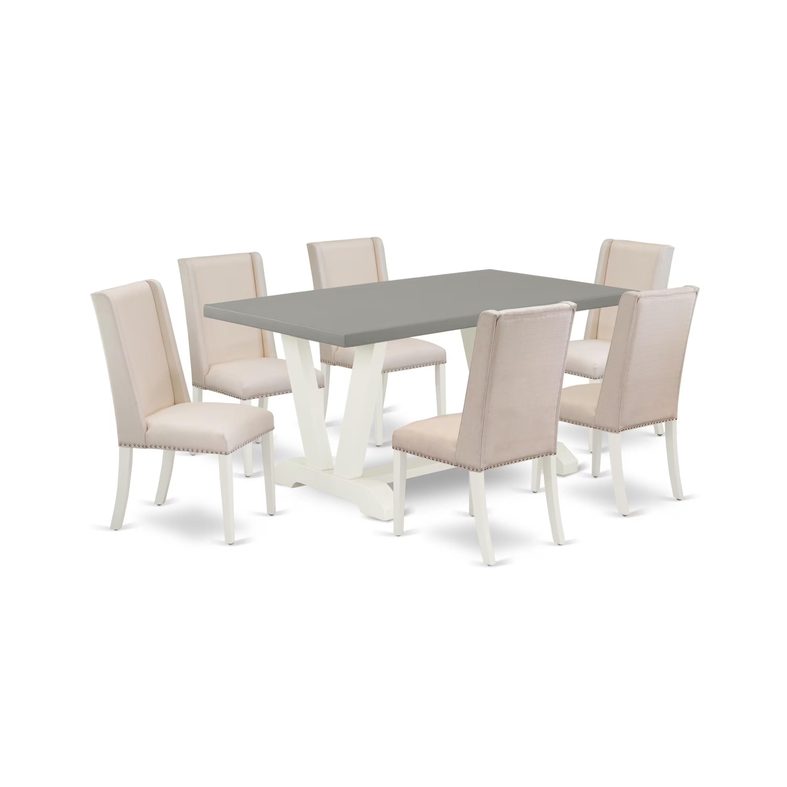 East West Furniture V096Fl201-7 7 Piece Dining Room Table Set Consist Of A Rectangle Kitchen Table With V-Legs And 6 Cream Linen Fabric Parson Dining Chairs, 36X60 Inch, Multi-Color