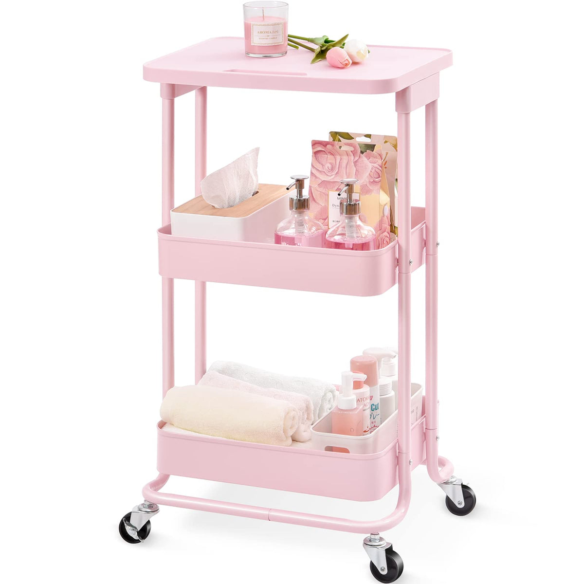 Toolf 3 Tier Metal Rolling Storage Cart With Table Top, Lash Cart Organizer With Wheels, Pink Esthetician Cart For Spa Pedicure Nail Craft Supplies, Utility Cart For Bathroom Kitchen Laundry Bedside