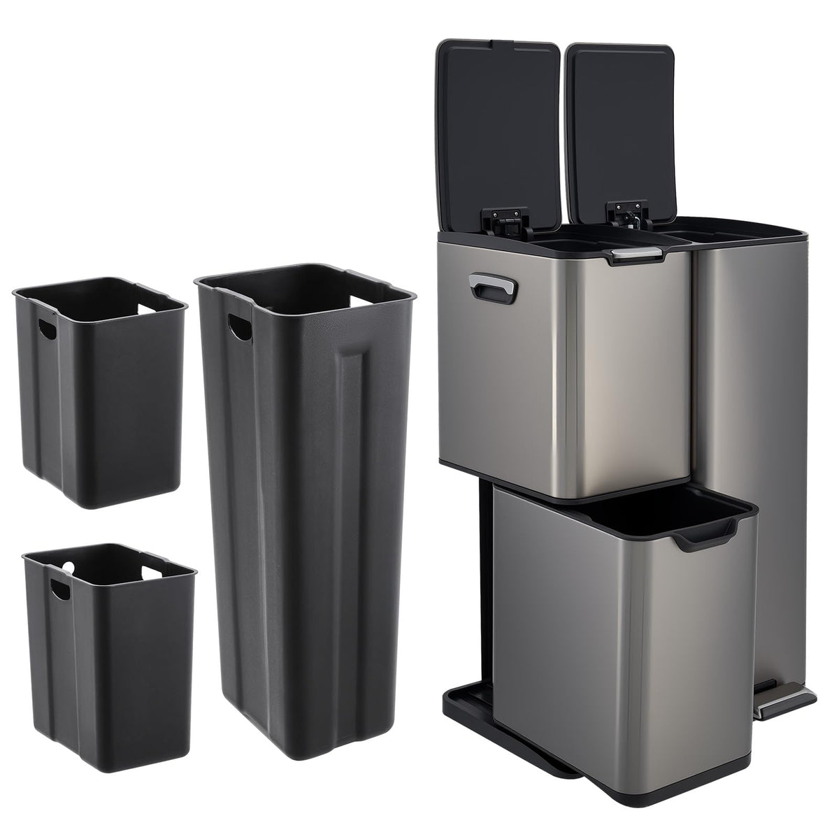 PrecisionAuto 16 Gal 3in1 Kitchen Trash Can, Triple Compartment Stainless Steel Garbage Can with Lid, Foot Pedal Trash and Rec