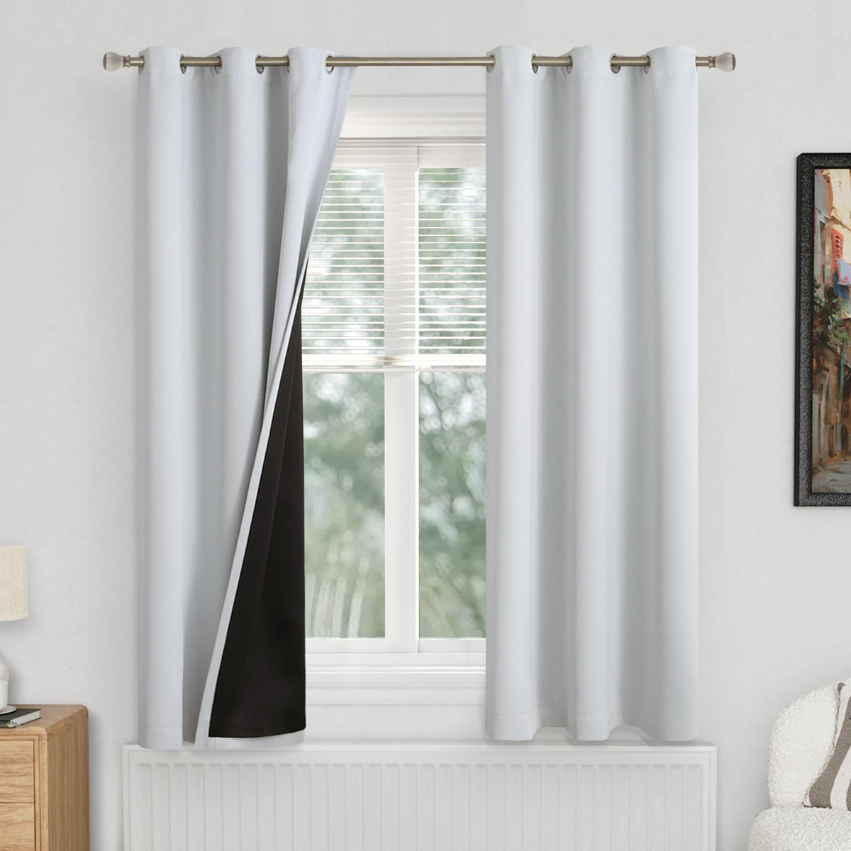 QUEMAS Greyish White Blackout Curtains for Bedroom 63 Inch Length 2 Panels, 100% Light Blocking Thermal Insulated Soundproof Grommet Curtains with Thick Liner for Narrow Window, Each 38 Inch Wide