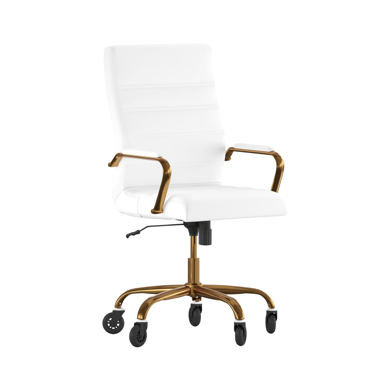 Flash Furniture Whitney High Back White Leathersoft Executive Swivel Office Chair With Gold Frame, Arms, And Transparent Roller Wheels