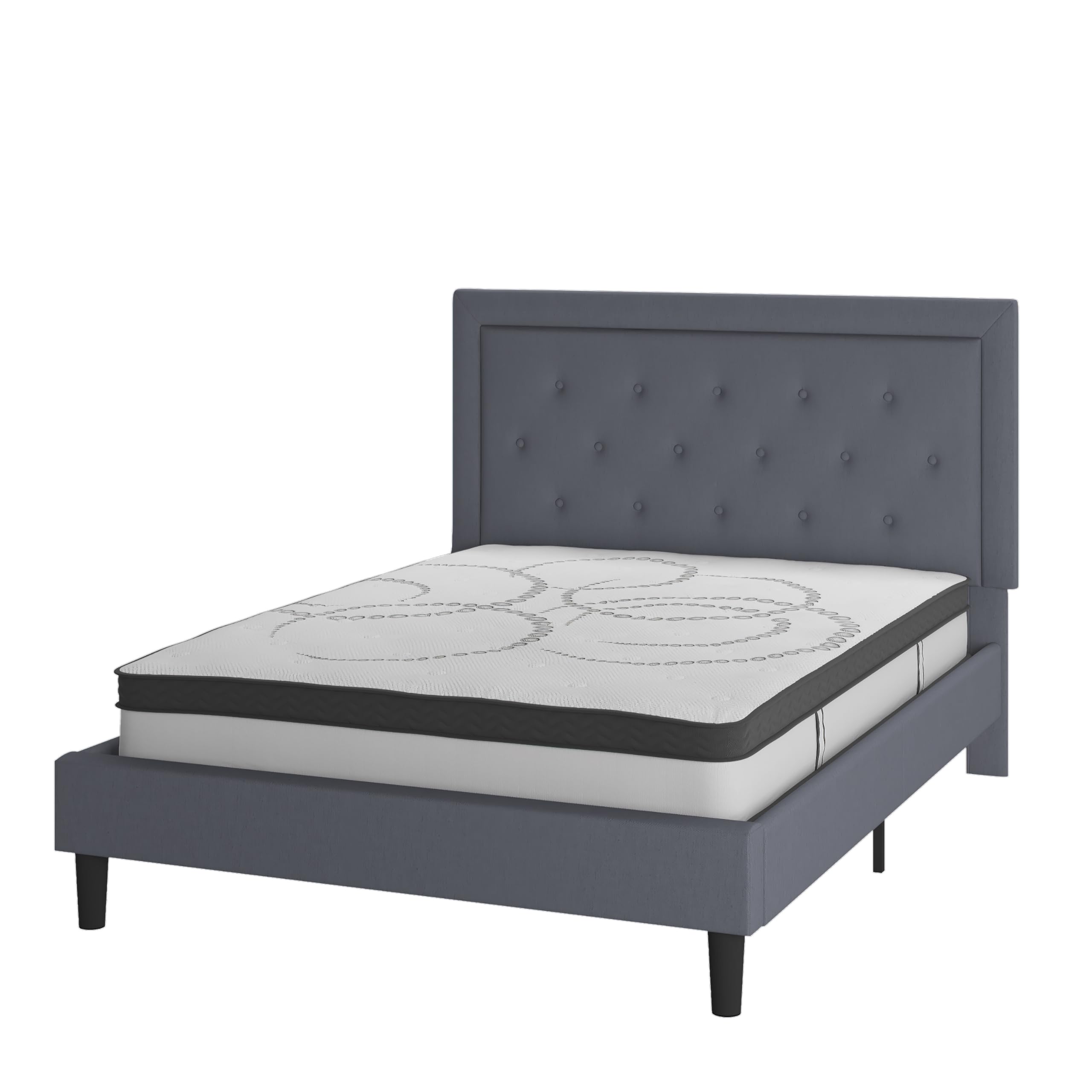 Flash Furniture Roxbury Queen Size Tufted Upholstered Platform Bed In Light Gray Fabric With 10 Inch Certipur-Us Certified Pocket Spring Mattress