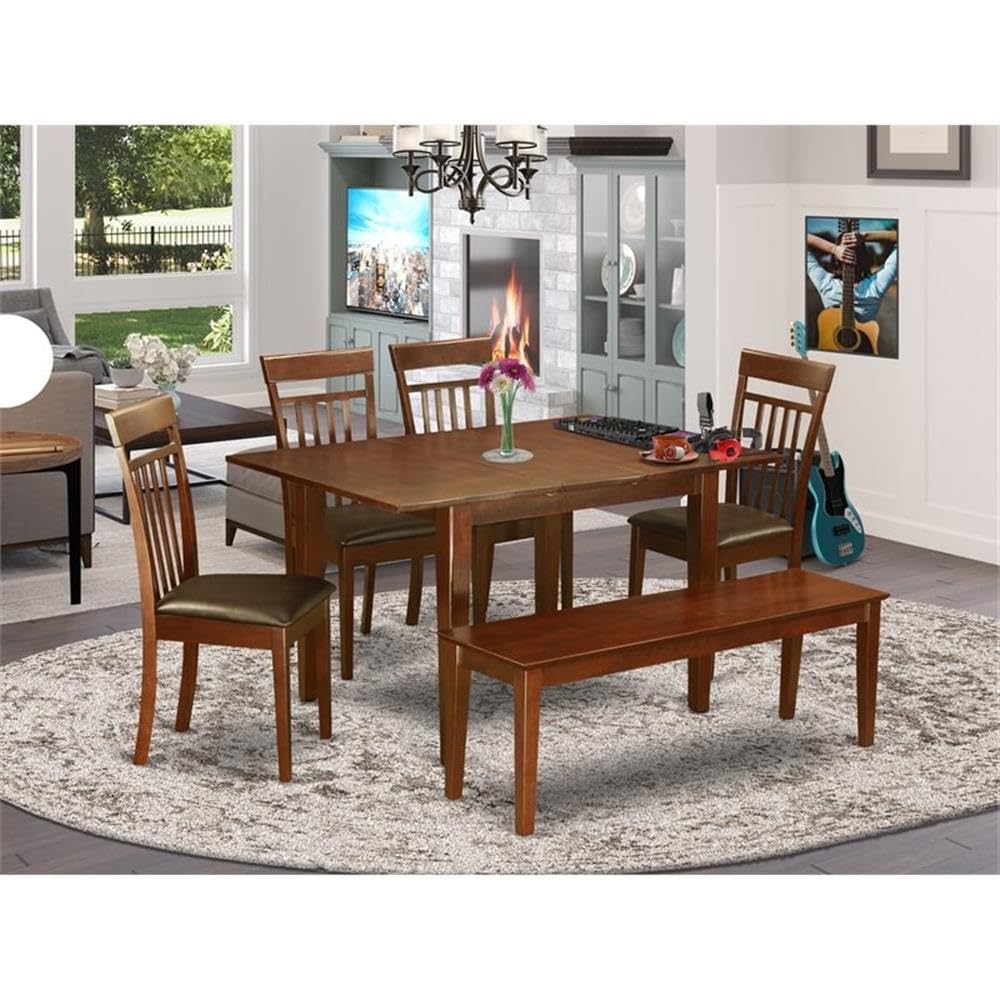 East West Furniture MLCA6C-MAH-LC 6 Piece Dining Table Set Contains a Rectangle Dining Room Table with Butterfly Leaf and 4 Faux Leather Upholstered Chairs with a Bench, 36x54 Inch, Mahogany