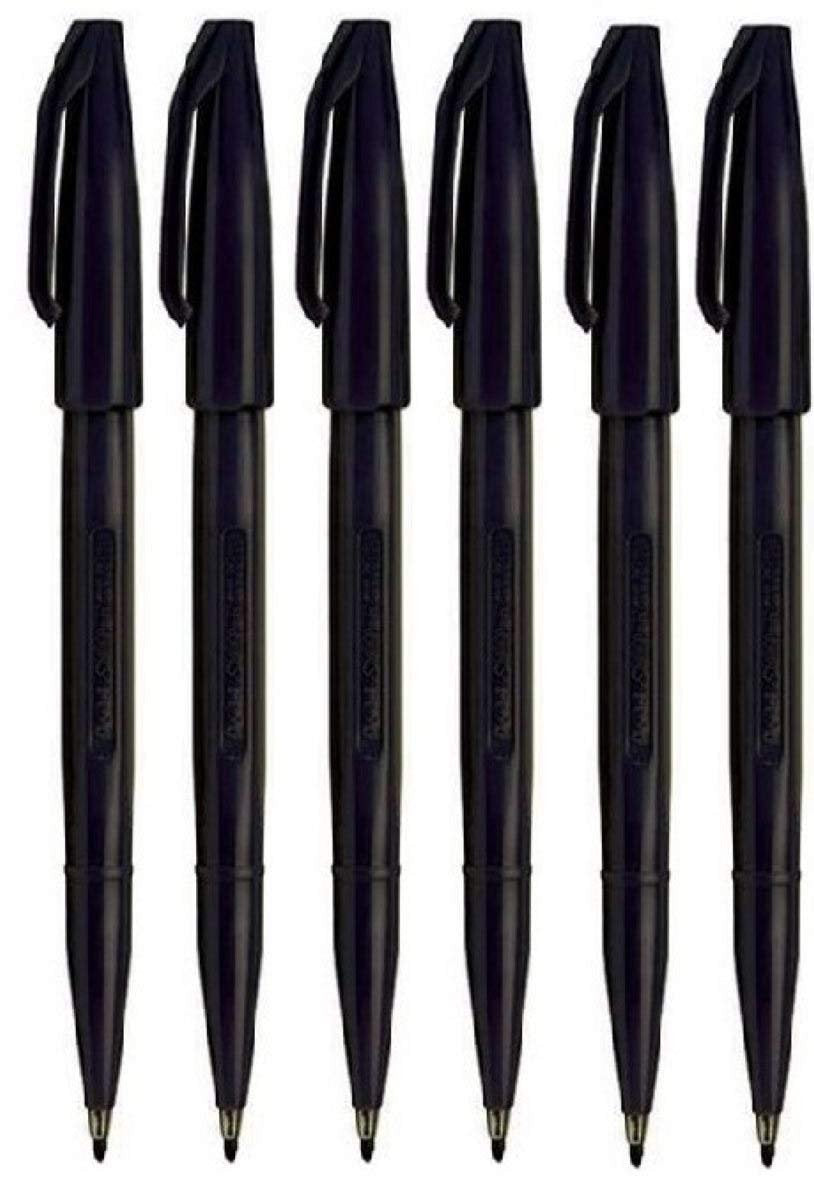 Pentel Black Original Sign Pen S520 Fibre Tip Marker Pens Colour Fineliner 2Mm Nib 1Mm Line Width (Pack Of 6) (Green) (Black)