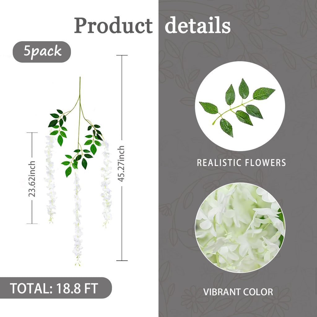 Fake White Wisteria, 5 Pack White Flower Vines, White Wisteria Hanging Flowers, 3.77 Feet White Artificial Wisteria Flowers, Whi