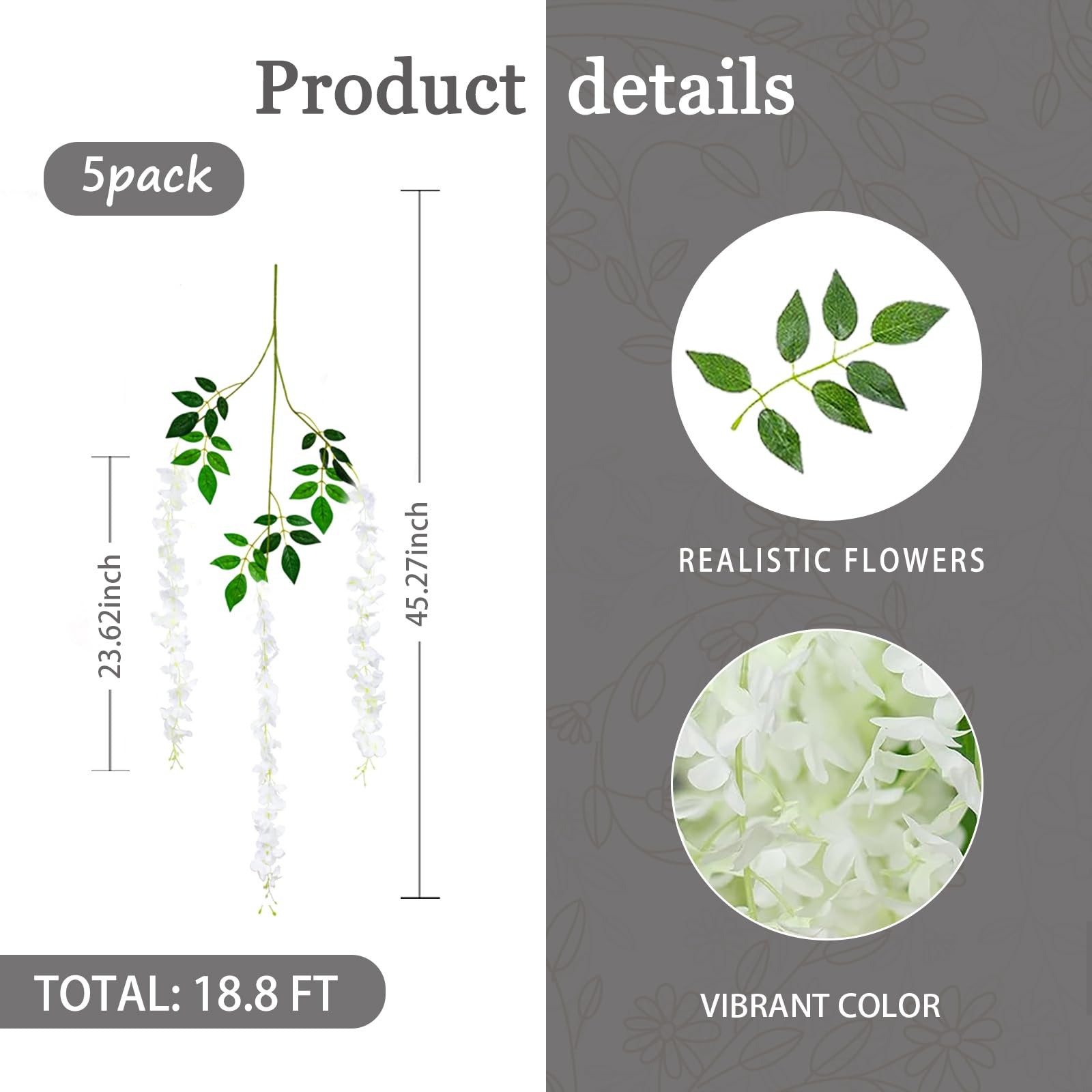Fake White Wisteria, 5 Pack White Flower Vines, White Wisteria Hanging Flowers, 3.77 Feet White Artificial Wisteria Flowers, Whi