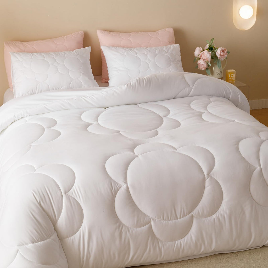 Luxlovery White Sunflower Comforter Set Queen Plain White Boho Farmhouse Quilts Floral White Bedding Comforter Set Soft Breathab