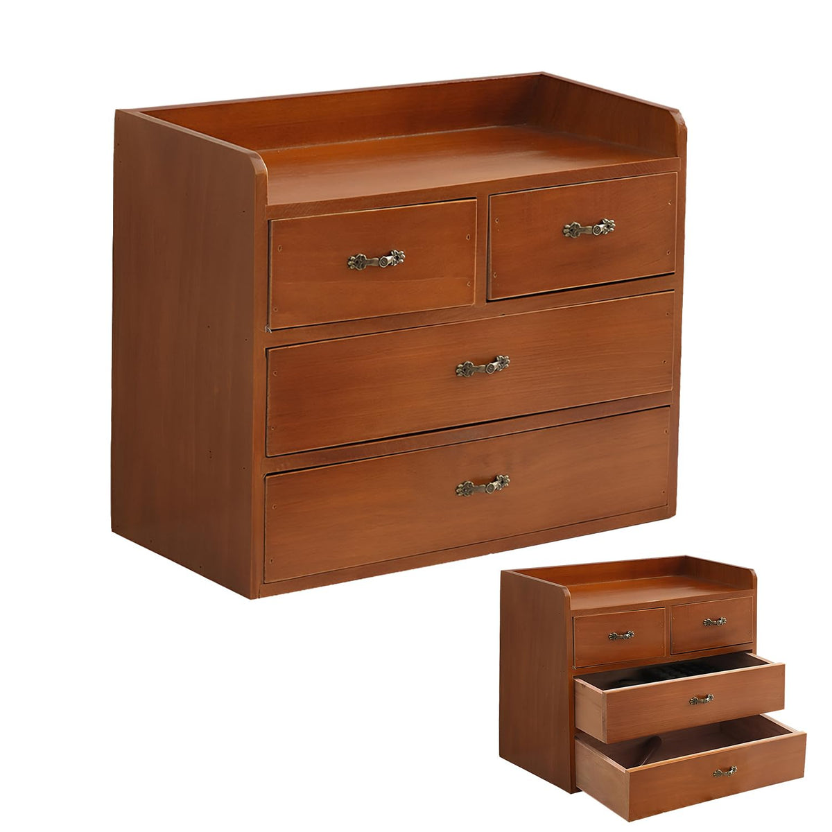 Woodaholic Vintage Wooden Desk Organizer with 4 Drawers  Small Wood Desktop Storage Cabinet for Jewelry, Makeup, Office Supplie