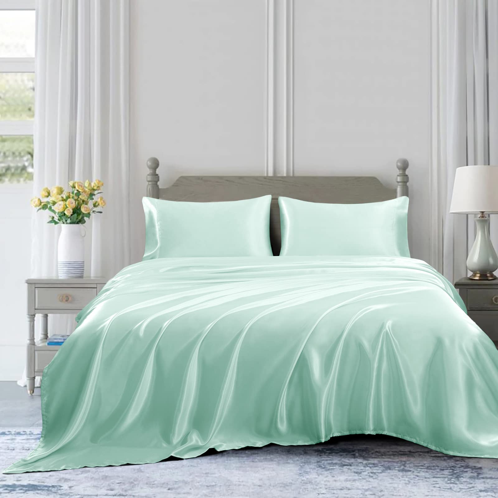 Homiest 4Pcs Satin Sheets Set Luxury Silky Satin Bedding Set With Deep Pocket, 1 Fitted Sheet + 1 Flat Sheet + 2 Pillowcases (King Size, Mint Green)