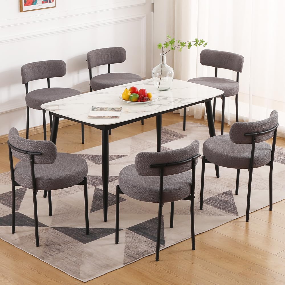 Edwell Boucle Dining Chairs Set Of 6, Modern Upholstered Dining Room Chairs With Black Metal Legs, Dark Grey Curved Backrest Kit