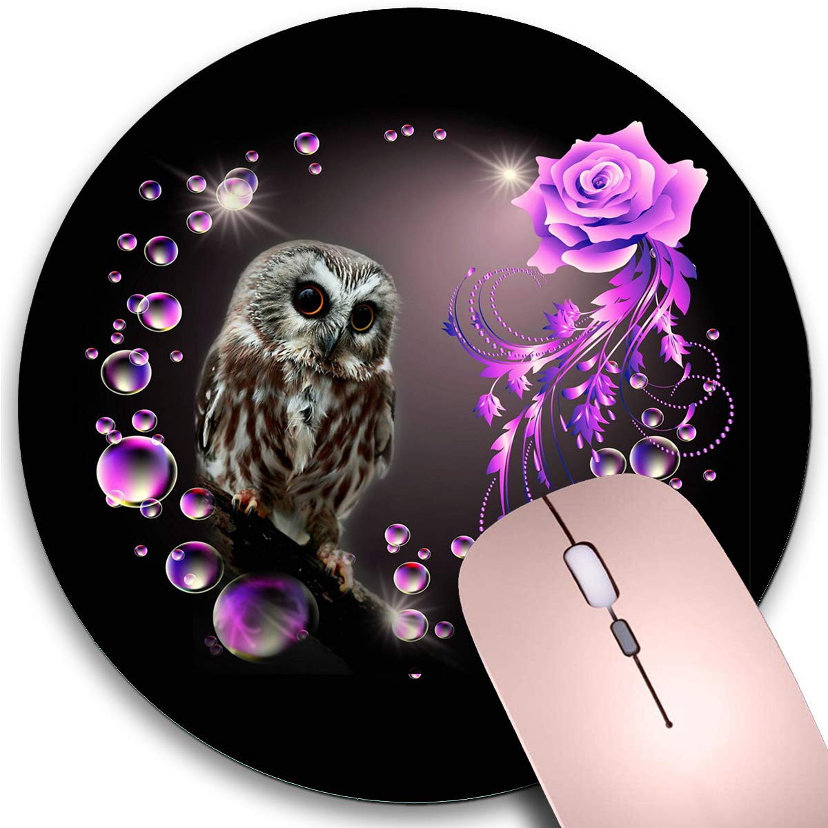 Round Mouse Pad,Purple Flower And Owl Non-Slip Rubber Circular Mouse Pads Customized Designed For Home And Office,7.9 X 7.9Inch