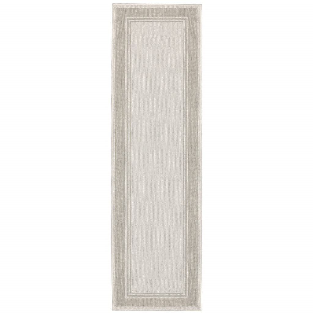 HomeRoots Polypropylene 2’x7’ Ivory and Gray Bordered Indoor Outdoor Runner Rug