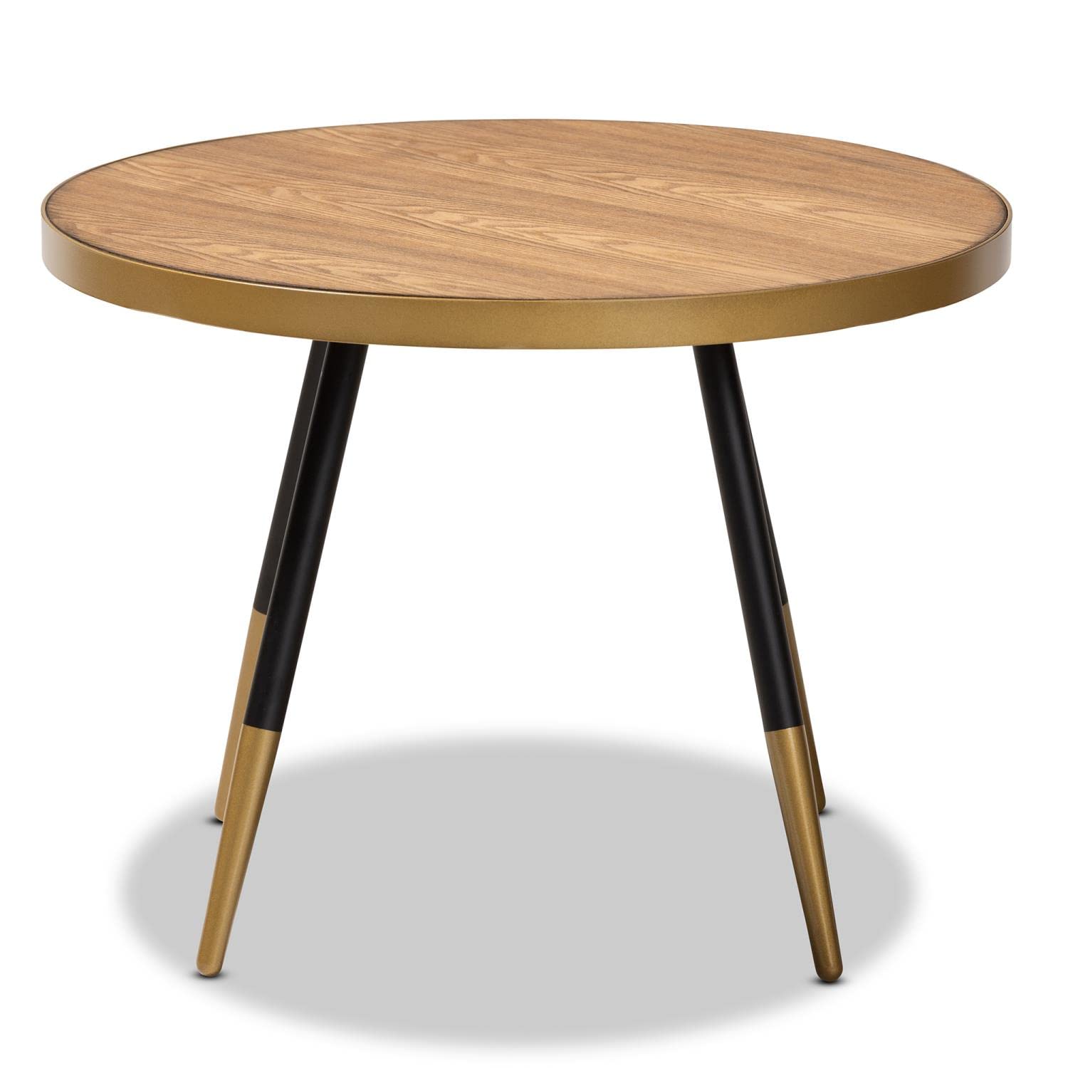 Baxton Studio Lauro Modern and Contemporary Round Walnut Wood and Metal Coffee Table with Two-Tone Black and Gold Legs