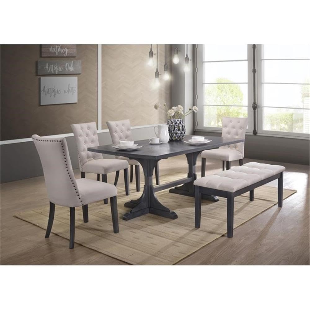 Best Quality Furniture Light Gray Linen Look Upholstered 6 Piece Dining Set With Bench
