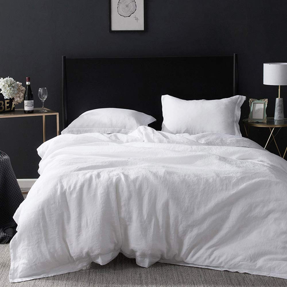 Simple&Opulence 100% Linen Duvet Cover Set With Embroidery Border Washed - 3 Pieces (1 Duvet Cover With 2 Pillow Shams) With Button Closure Soft Breathable Farmhouse - White, Queen Size
