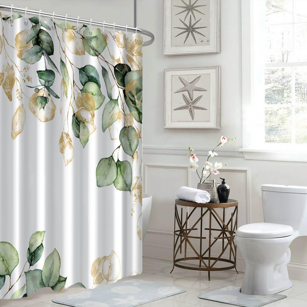 Ruelvth Sage Green Eucalyptus Shower Curtain, Green And Gold Leaves Shower Curtain For Bathroom Waterproof Fabric Spring Botanic