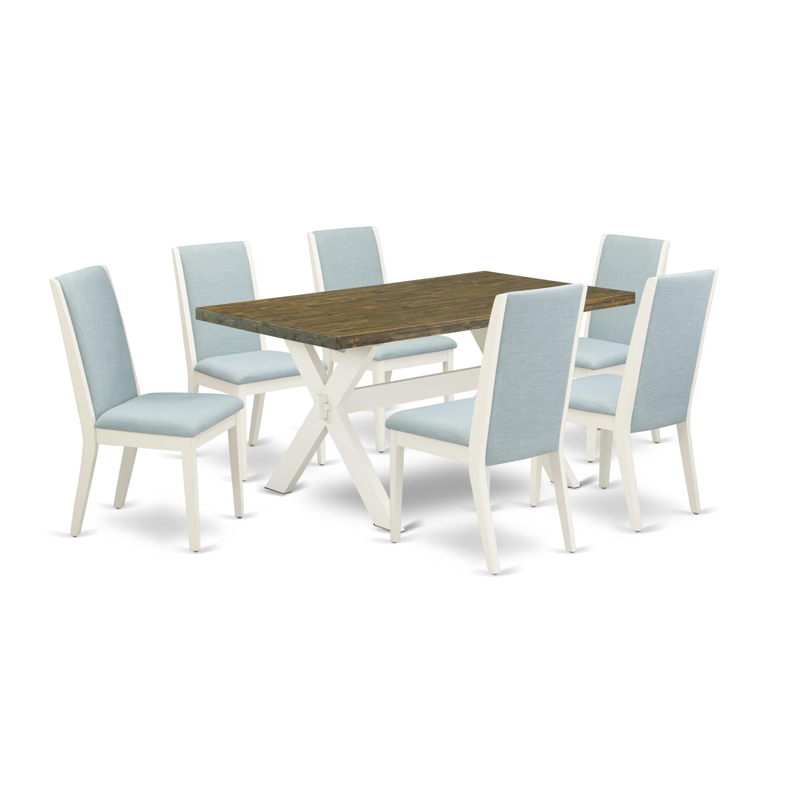 East West Furniture X076La015-7 7 Piece Dining Table Set Consist Of A Rectangle Dining Room Table With X-Legs And 6 Baby Blue Linen Fabric Parsons Chairs, 36X60 Inch, Multi-Color