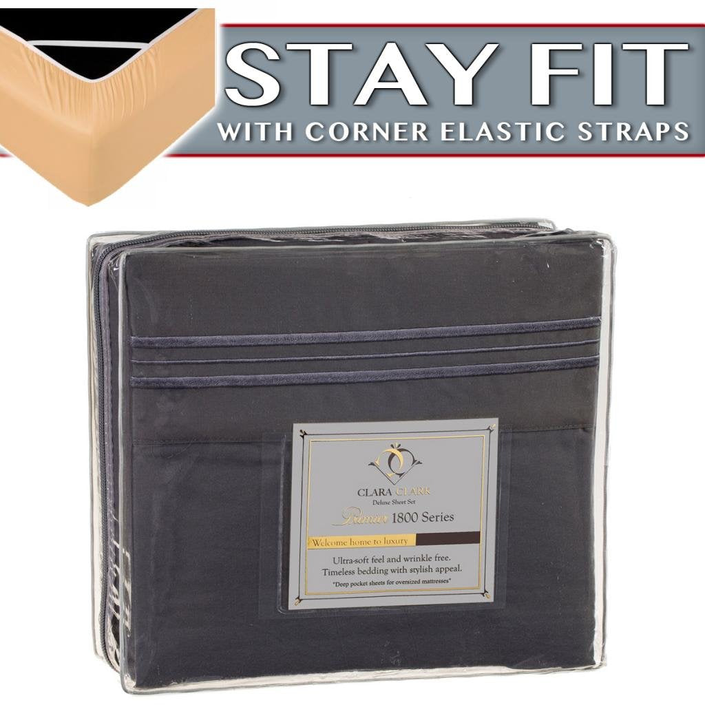 Clara Clark 1800 Series Bed Sheet Sets - Stay Fit On Mattress With Elastic Straps At Corners - Full (Double), Charcoal Stone Gra