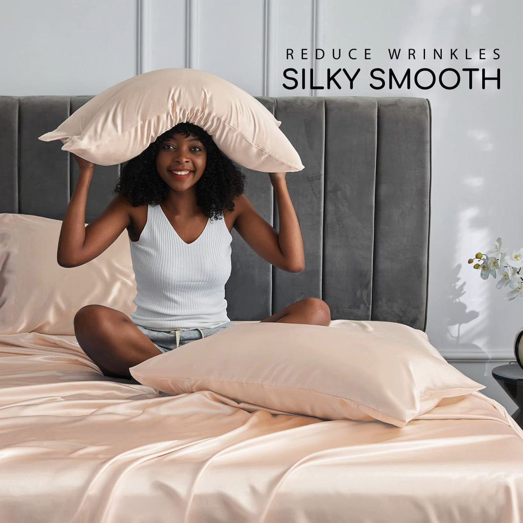 Mr&Hm Satin Bed Sheets, Twin Xl Size Sheets Set, 3 Pcs Silky Bedding Set With 15 Inches Deep Pocket For Mattress(Twin Xl, Champa