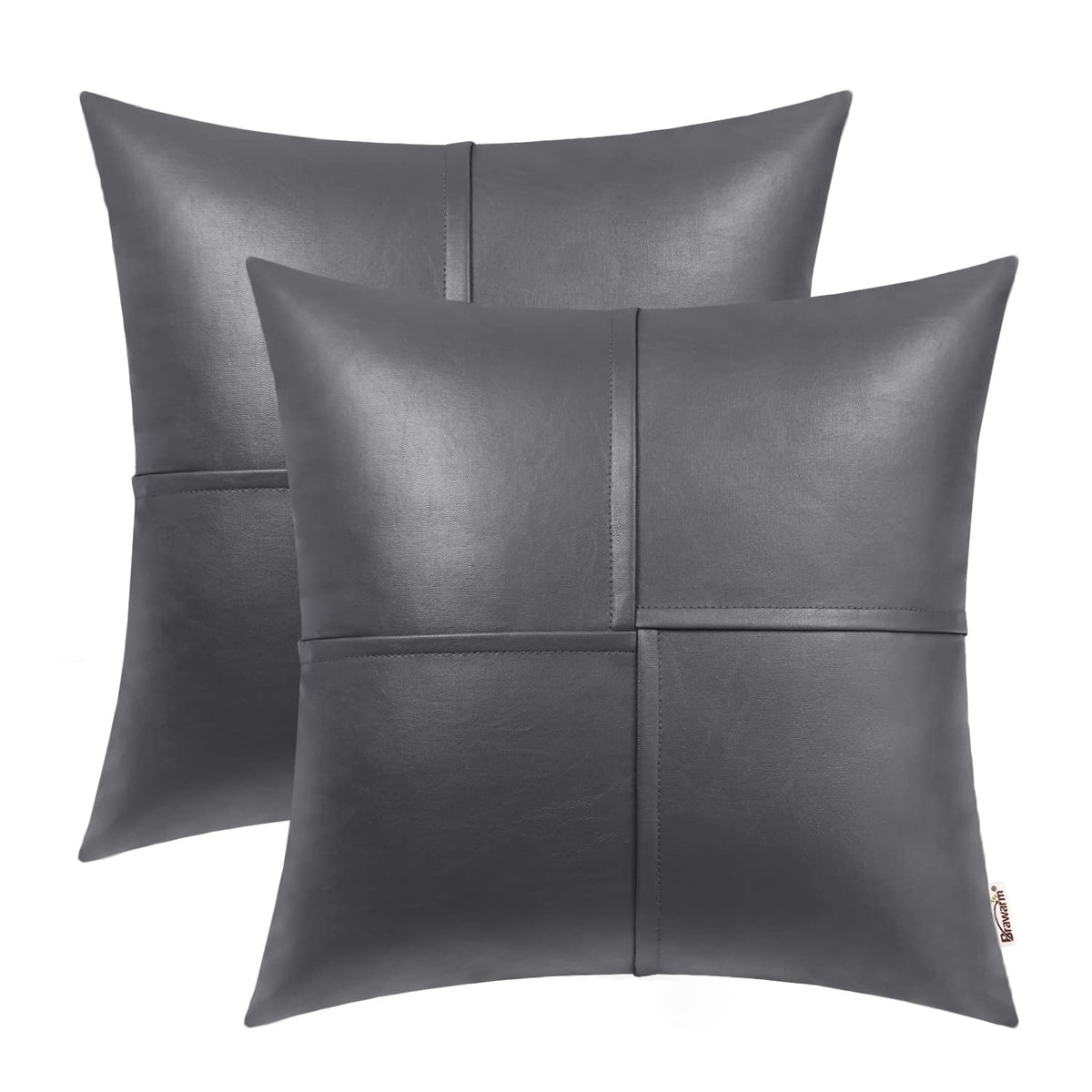 Brawarm Faux Leather Throw Pillow Covers 22 X 22 Inches, Gray Leather Pillow Covers Pack Of 2, Hand Stitched Leather Decorative