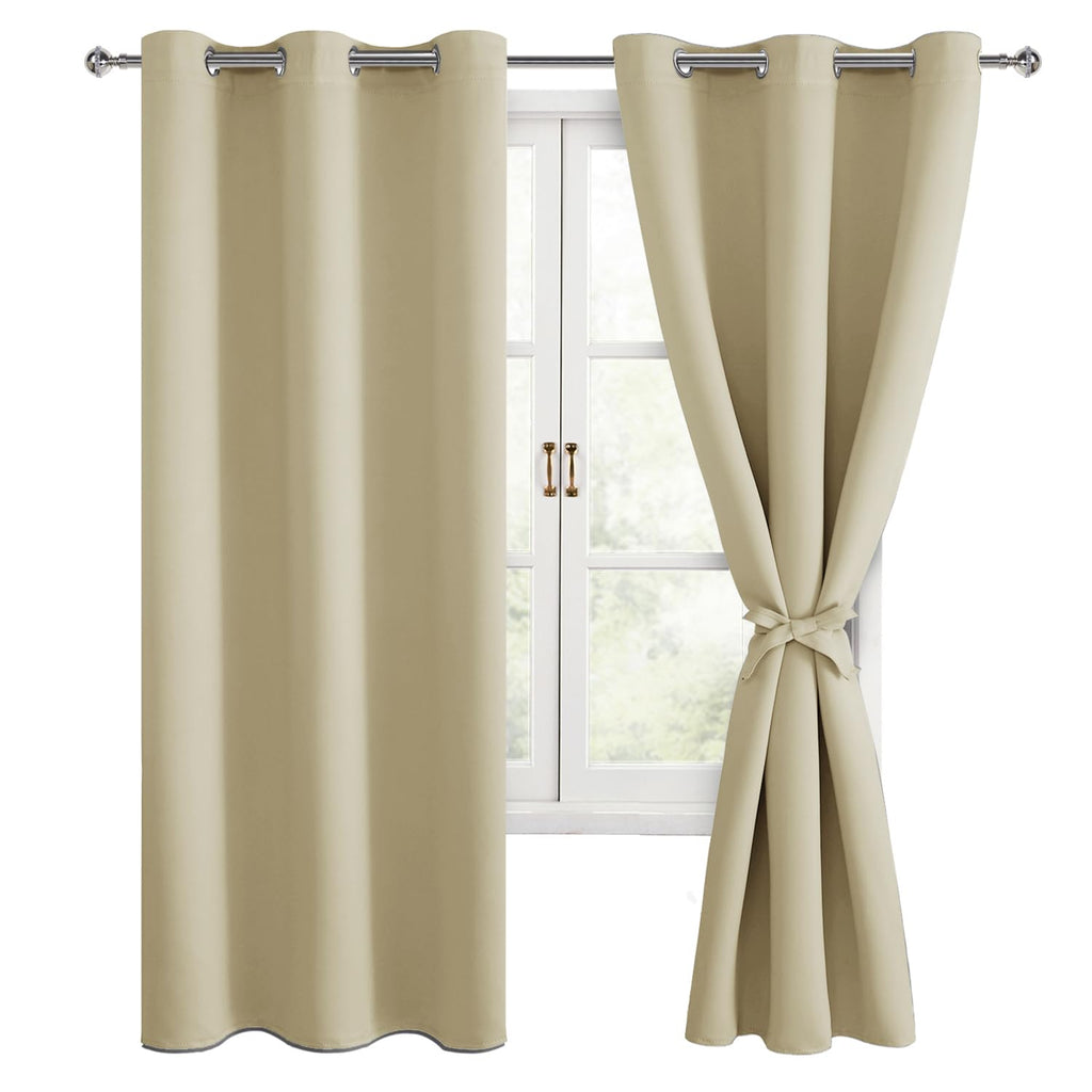 Hiasan Room Darkening Window Curtain Panels, Light Blocking, Noise Reducing Blackout Curtains, Tiebacks Included, Set Of 2, Grommet Top (Light Beige, Width 38 Inch X Length 72 Inch)