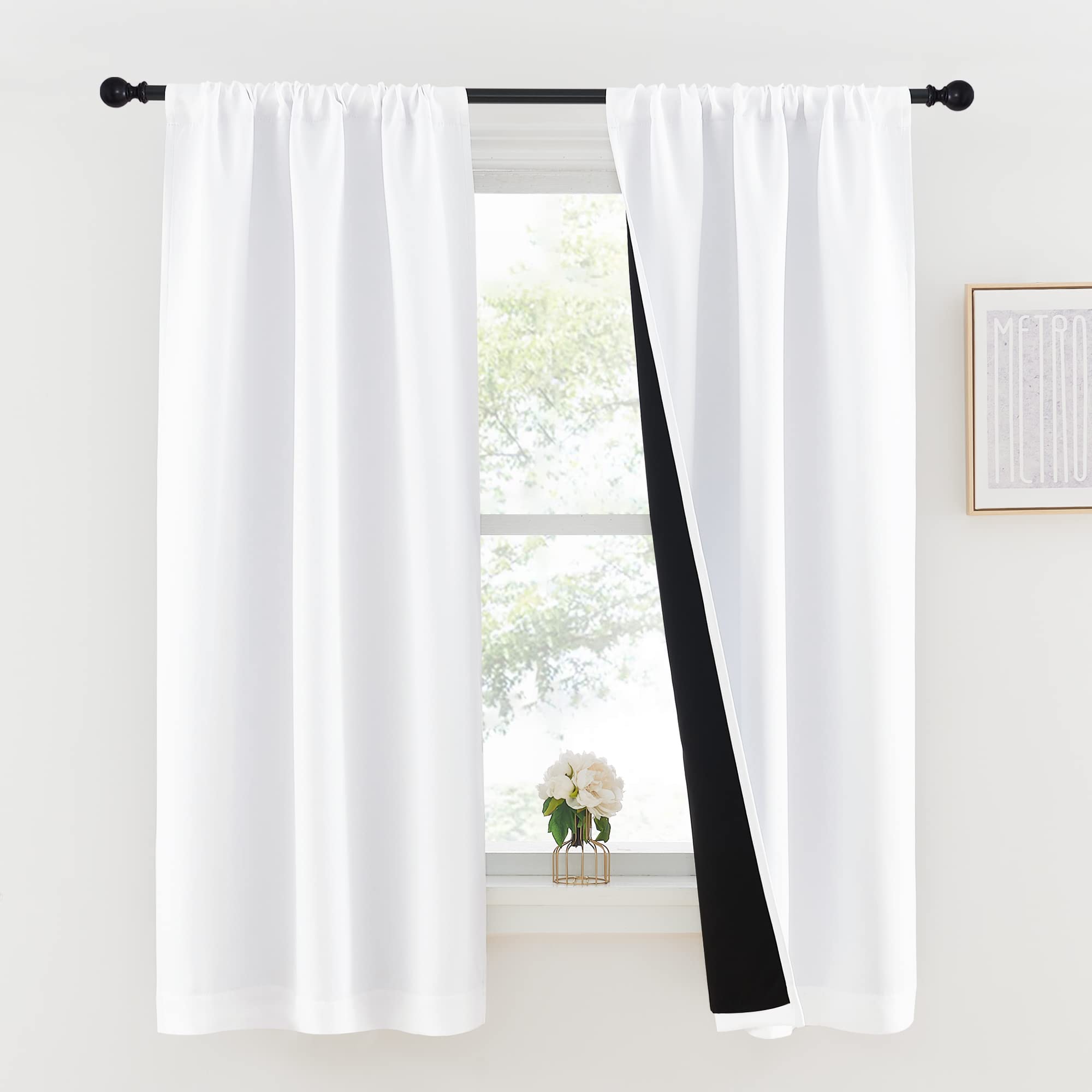 Nicetown White 100% Blackout Lined Curtains, 2 Thick Layers Completely Blackout Rod Pocket Thermal Insulated Drapes For Kitchen/