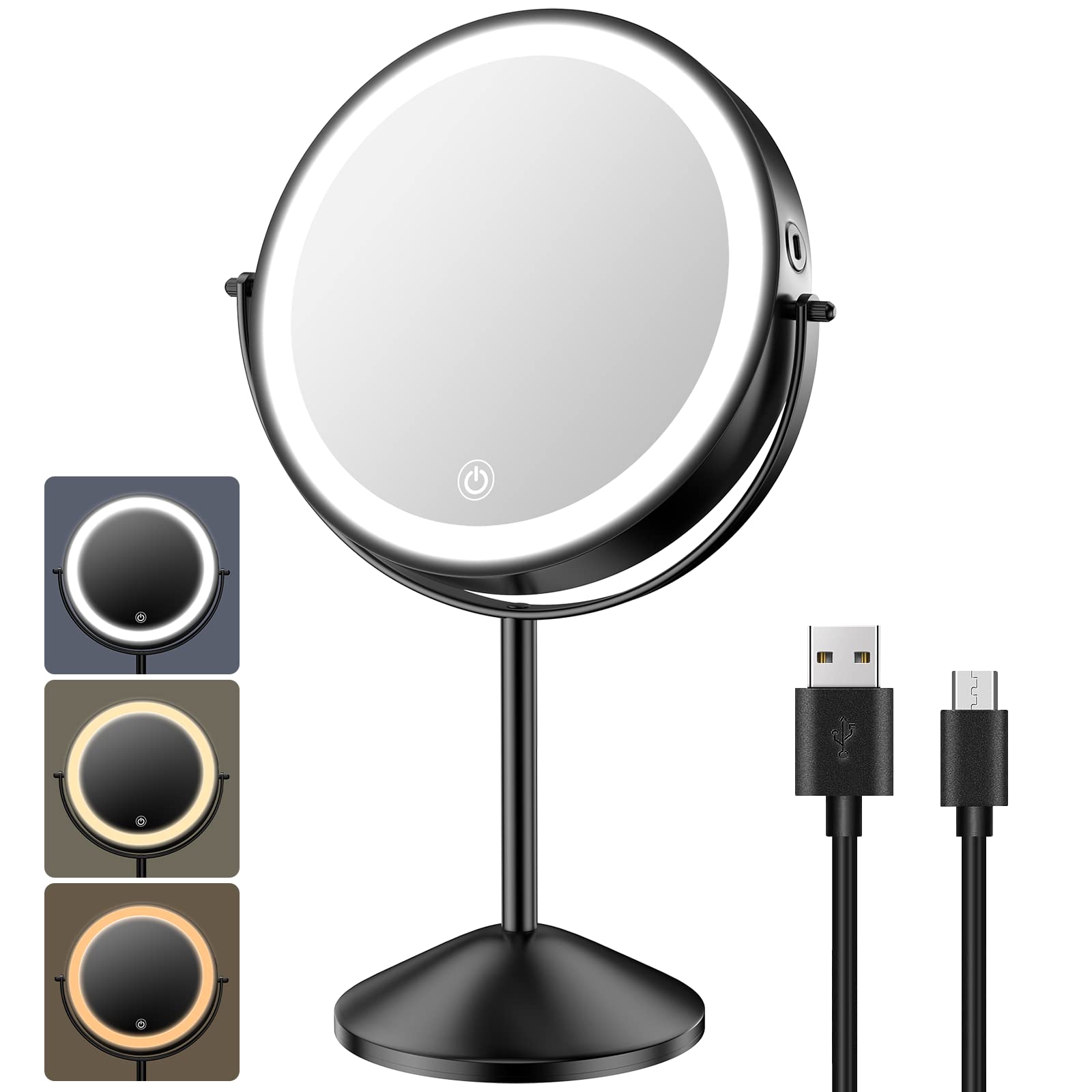 Benbilry 8' Lighted Makeup Vanity Mirror with 3 Color Dimmable Lights, 1X/10X Magnifying Rechargeable Double Sided Cosmetic Mir