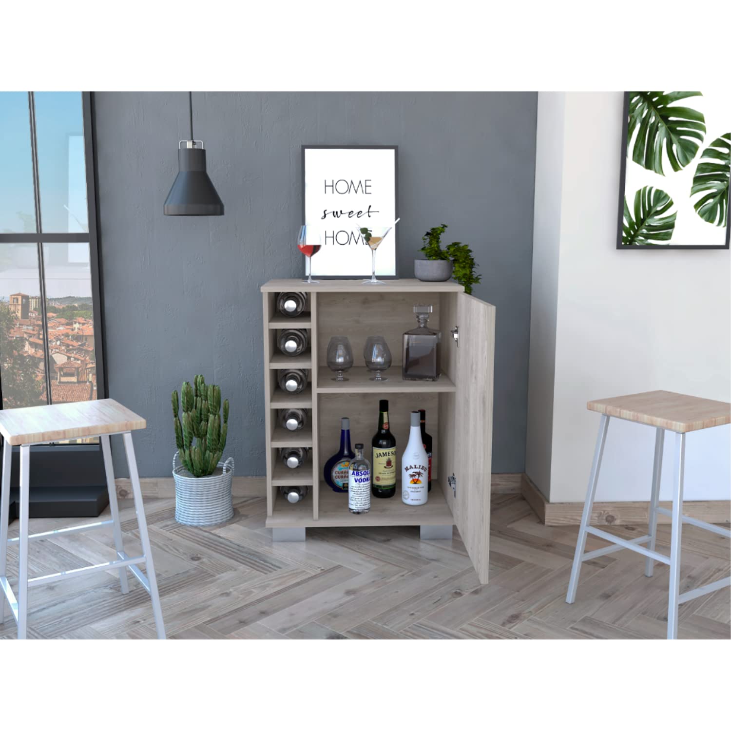 Depot E-Shop Denver Bar Cabinet, Six Built-in Wine Rack, Two Shelves, Single Door Cabinet, Light Gray