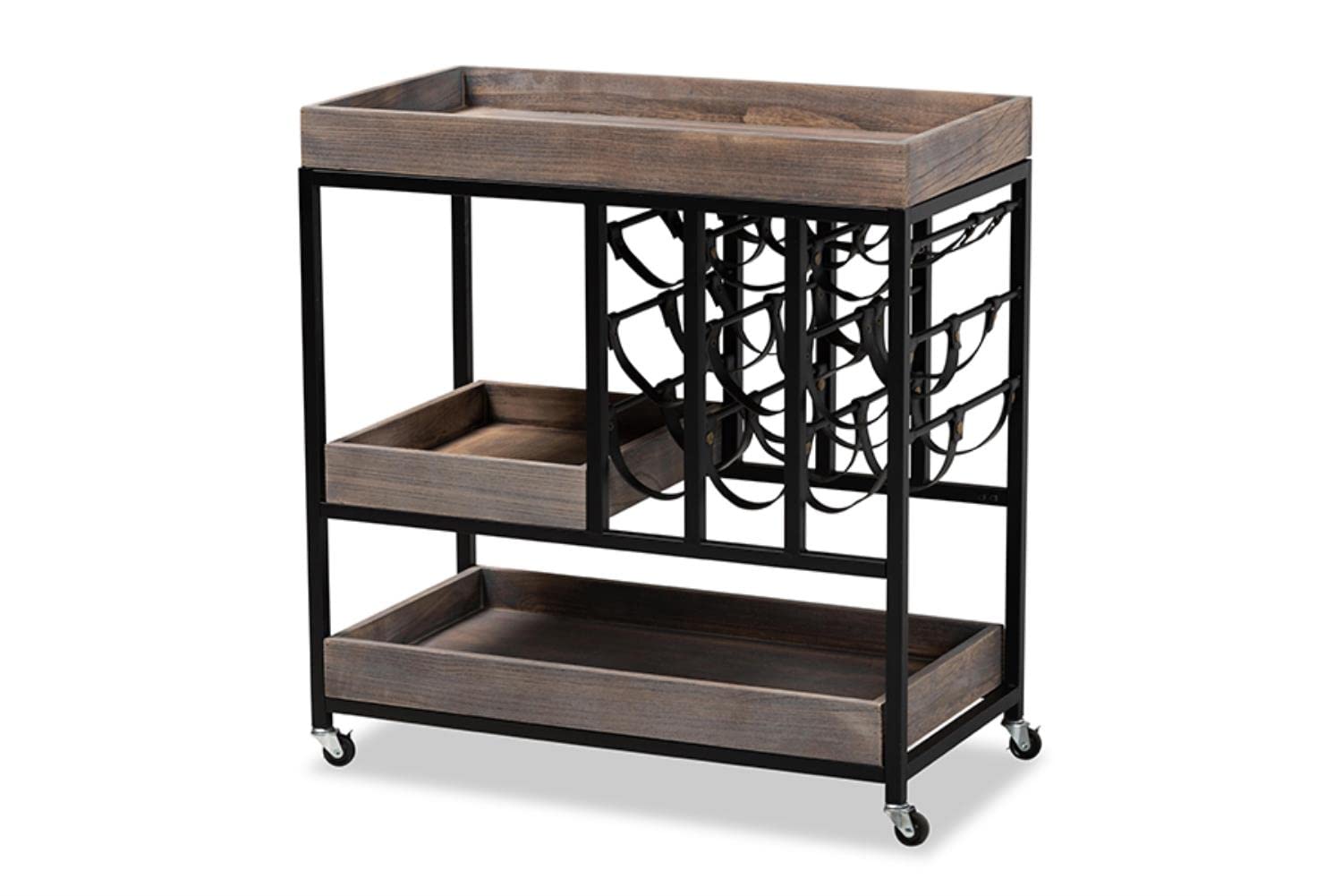 Baxton Studio Laine Modern Industrial Charcoal Finished Wood and Black Metal Wine Cart