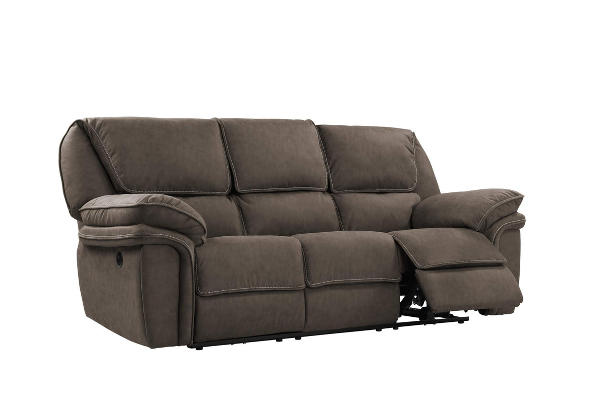 Madrona Burke Oliver Gray Taupe 92&quot; Power Sofa with Dual Recliners, Microsuede Upholstery, and USB Charging Station