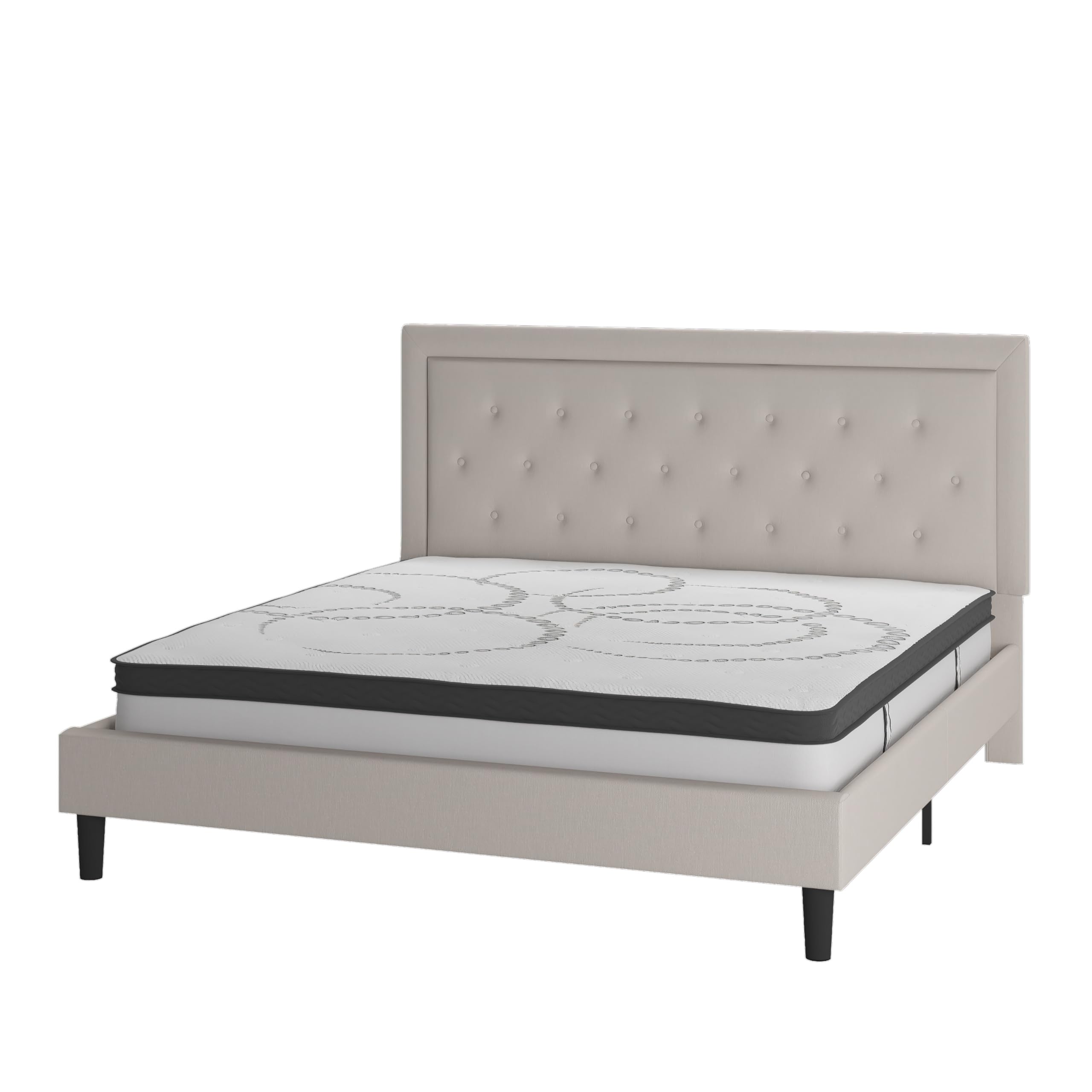 Flash Furniture Roxbury King Size Tufted Upholstered Platform Bed In Beige Fabric With 10 Inch Certipur-Us Certified Pocket Spring Mattress
