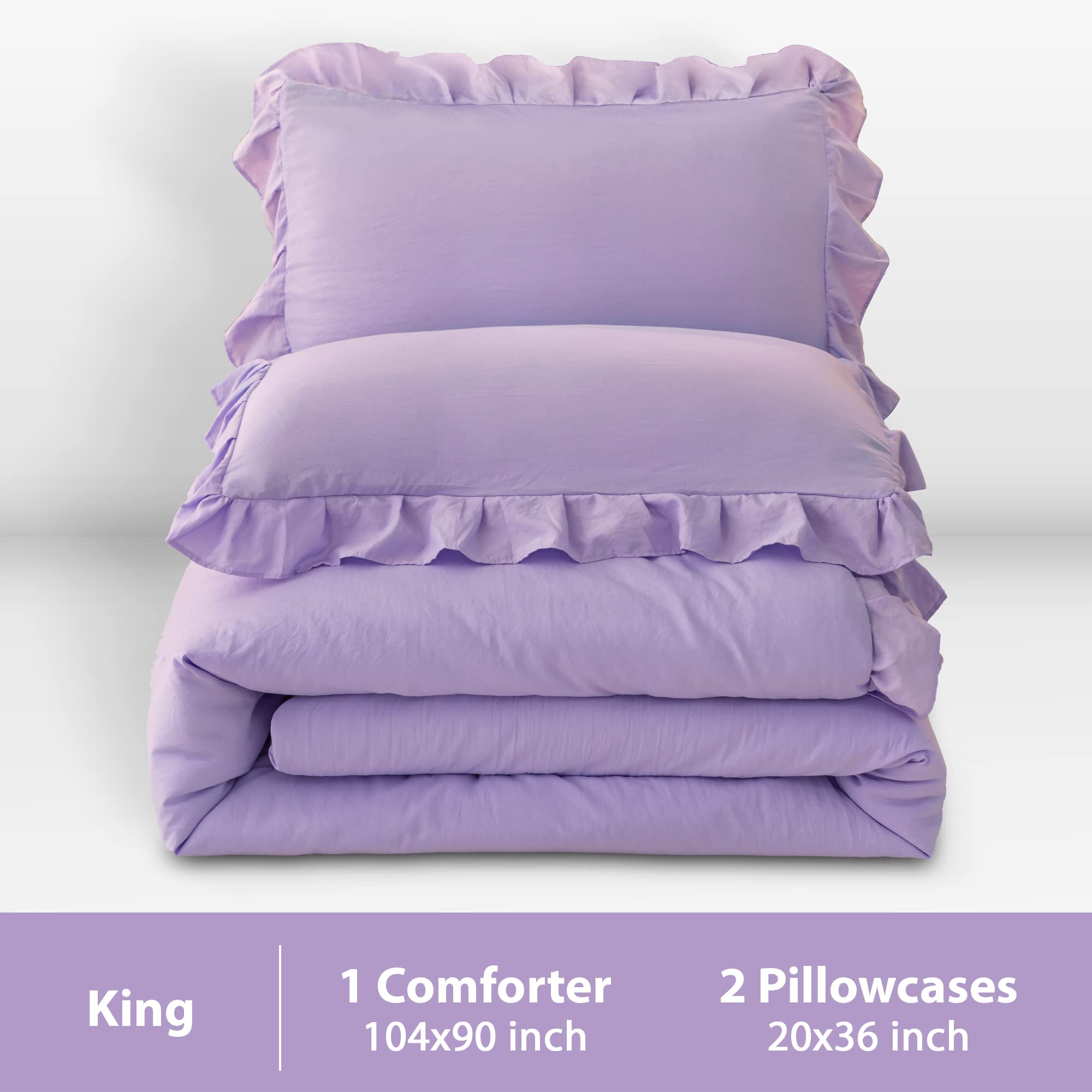 Andency Lavender Ruffle Comforter King(104X90Inch), 3 Pieces(1 Ruffled Comforter And 2 Pillowcases) Solid Farmhouse Shabby Chic Comforter, Vintage Rustic Soft Microfiber Bedding Set