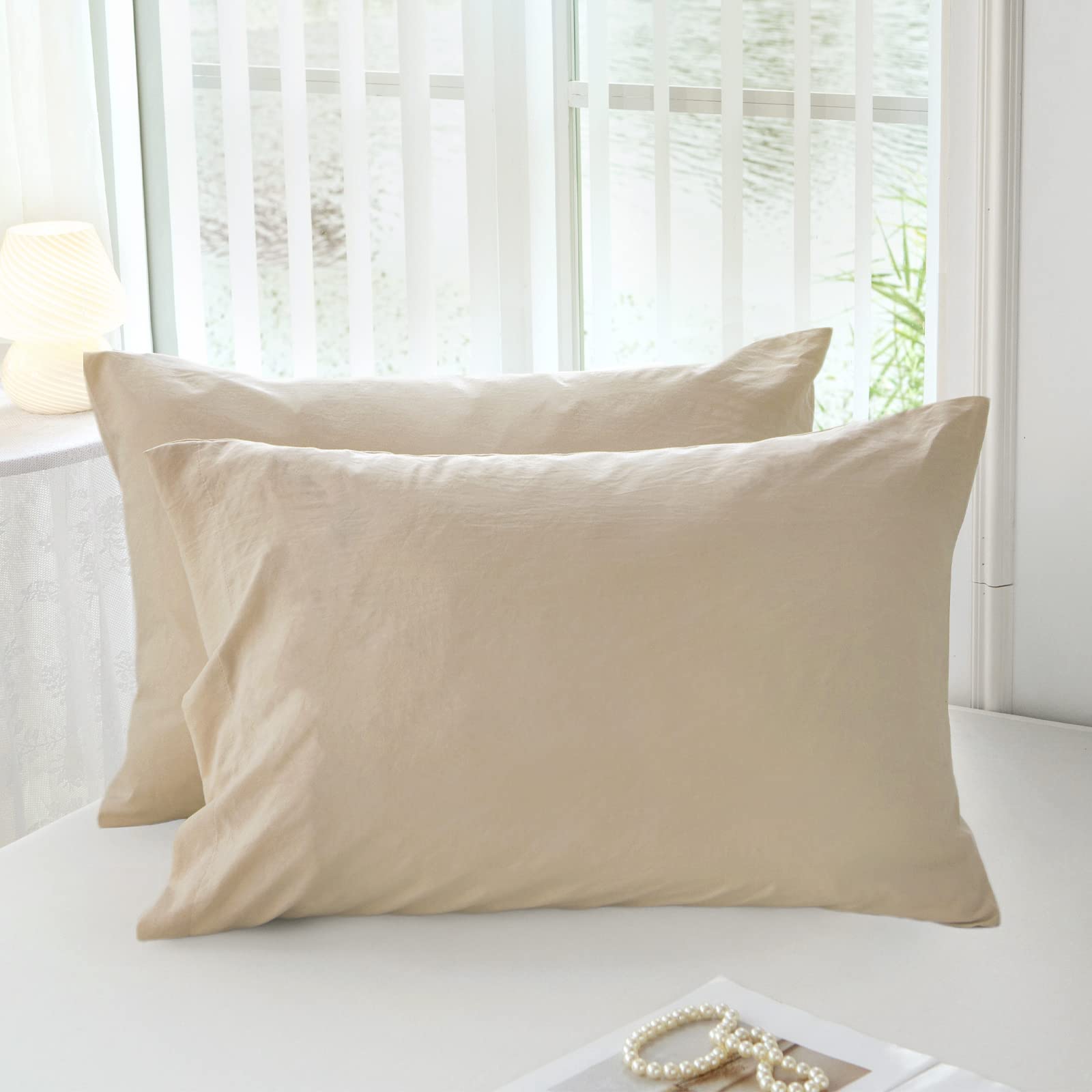 Mildly Super Soft Pillowcase Queen Size - Washed Microfiber Lightweight Pillow Cases 20X30 Inches Light Khaki 2 Count, Easy Care