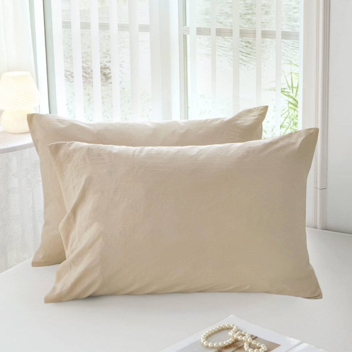 Mildly Super Soft Pillowcase - Washed Microfiber Lightweight Pillow Cases Standard Size Light Khaki 2 Count, Easy Care And Fade