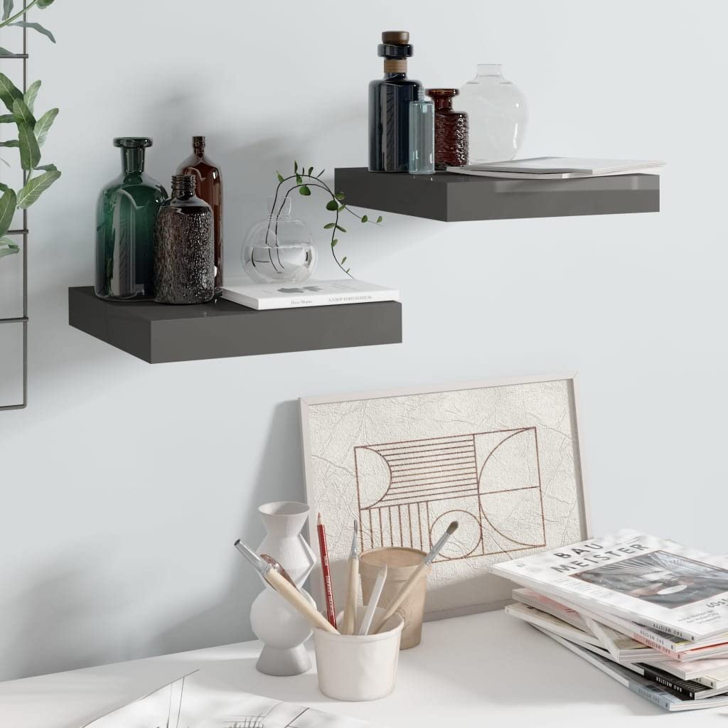 vidaXL Wall Shelves - High Gloss Gray Floating Display Shelves 9.1&quot;x9.3&quot;x1.5&quot; Set of 2 - Honeycomb MDF & Metal Frame
