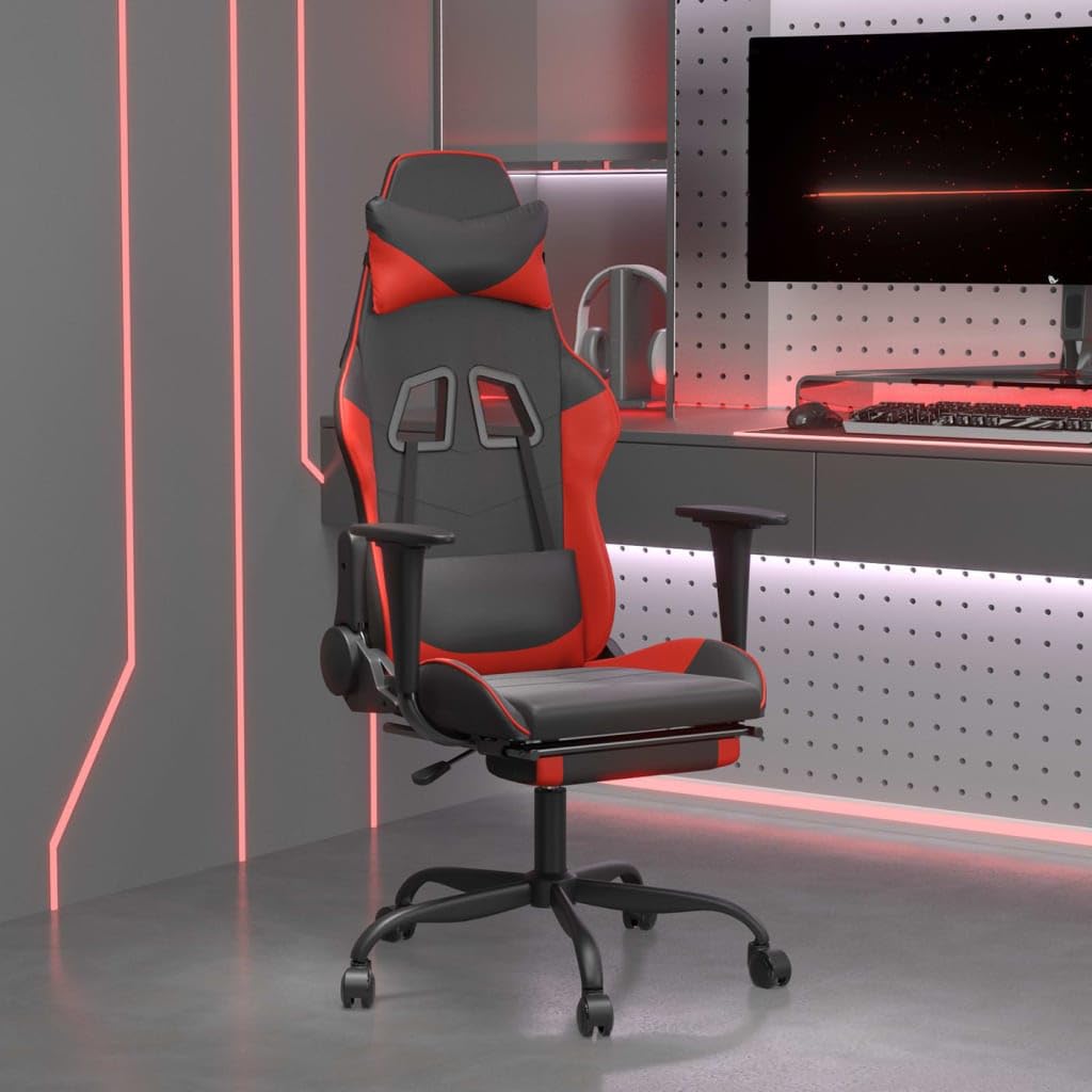 vidaXL Faux Leather Adjustable Gaming Chair with Footrest and Foam Filling - Black&Red