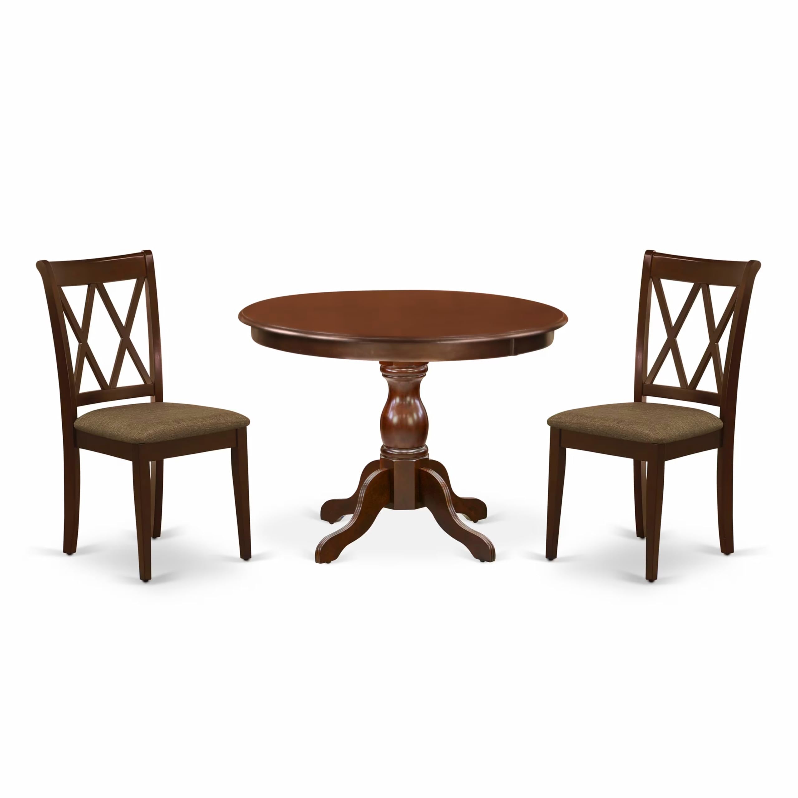 East West Furniture HBCL3-MAH-C 3 Piece Dinette Set for Small Spaces Contains a Round Dining Table with Pedestal and 2 Linen Fabric Dining Room Chairs, 42x42 Inch, Mahogany
