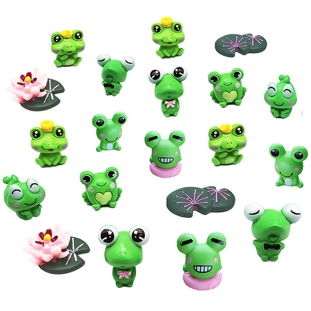 Maomia 20 Pcs Mini Frogs And Lotus Leaf Easter Cupcake Toppers, Animals Model Fairy Garden Frog Miniature Figurines Moss Landsca