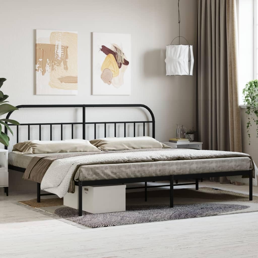 vidaXL Powder-Coated Steel Metal Bed Frame with Headboard and Extra Storage Space, Suitable for 76"x79.9" Mattress, Solid Support, Black