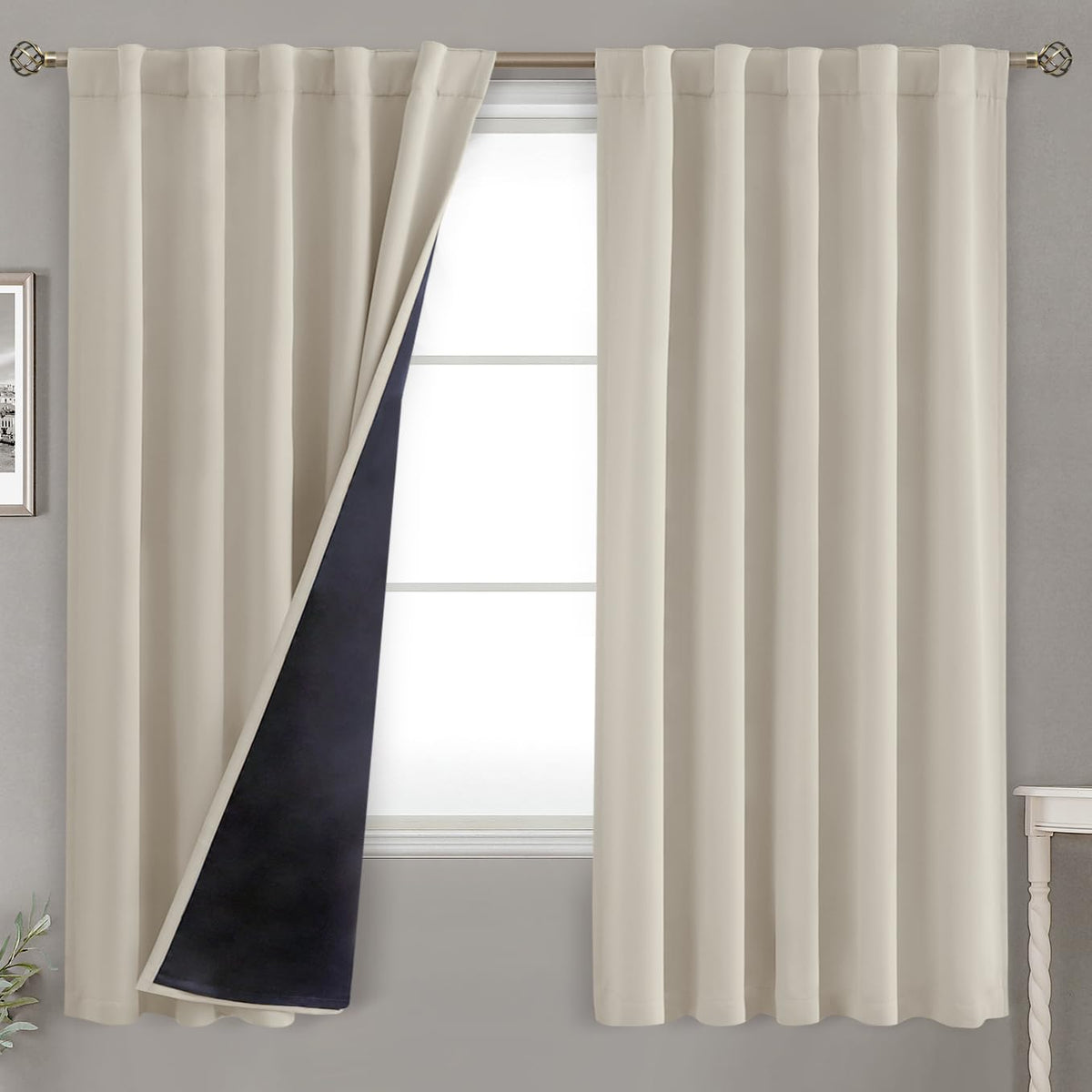 Bgment 100% Room Darkening Thermal Insulated Blackout Curtains 63 Inches Long With Liner, Rod Pocket And Back Tab Double Layer N