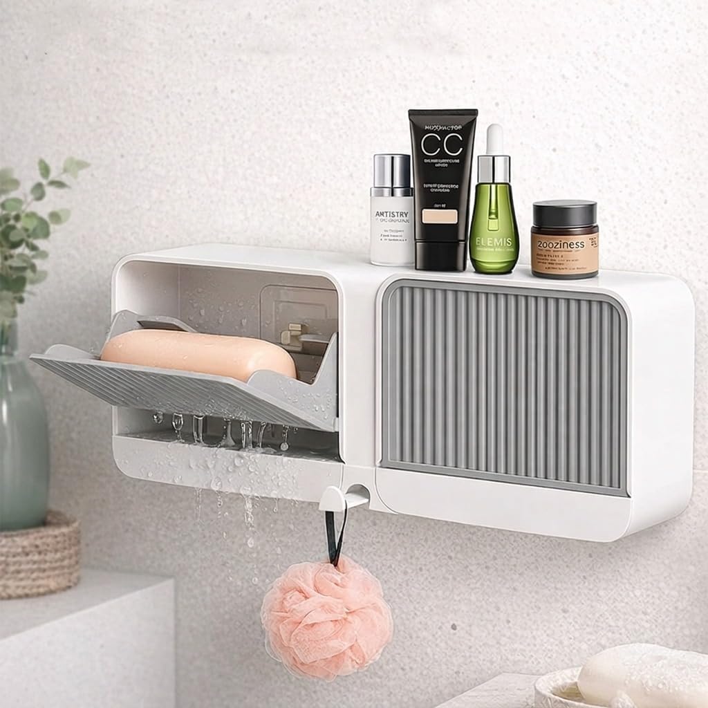 Wall Mounted SelfAdhesive Bathroom Shelf, Plastic Storage Organiser With Drain Hole, Water Tray And Hidden Hook