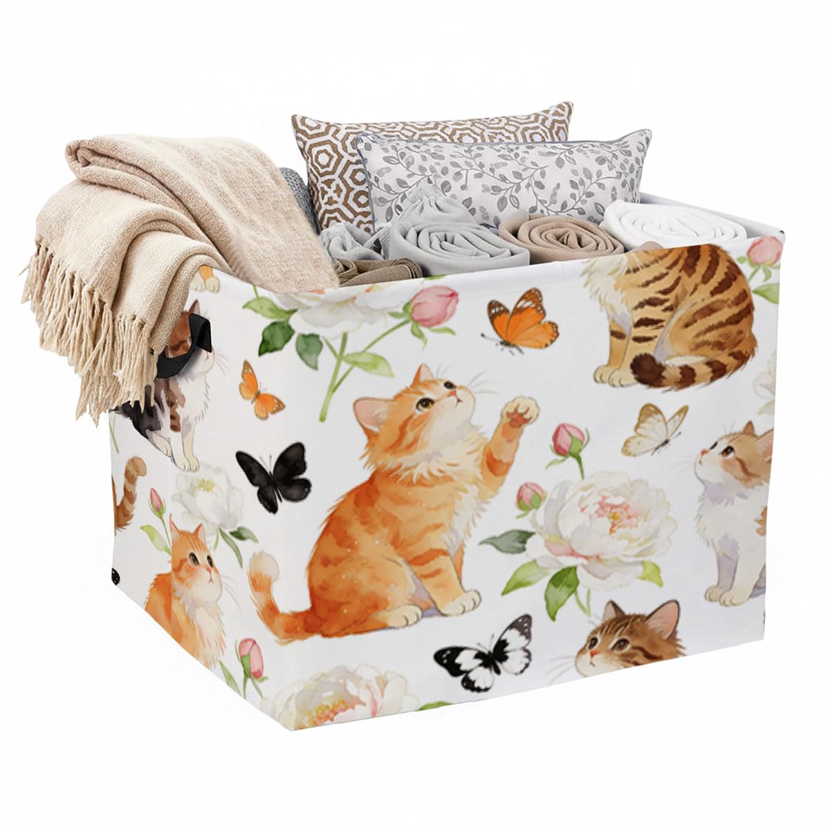 Cat Floral Foldable Laundry Basket Hamper with Handles, 56L Large Capacity Toy Storage Organizer, Collapsible Clothes Hamper for