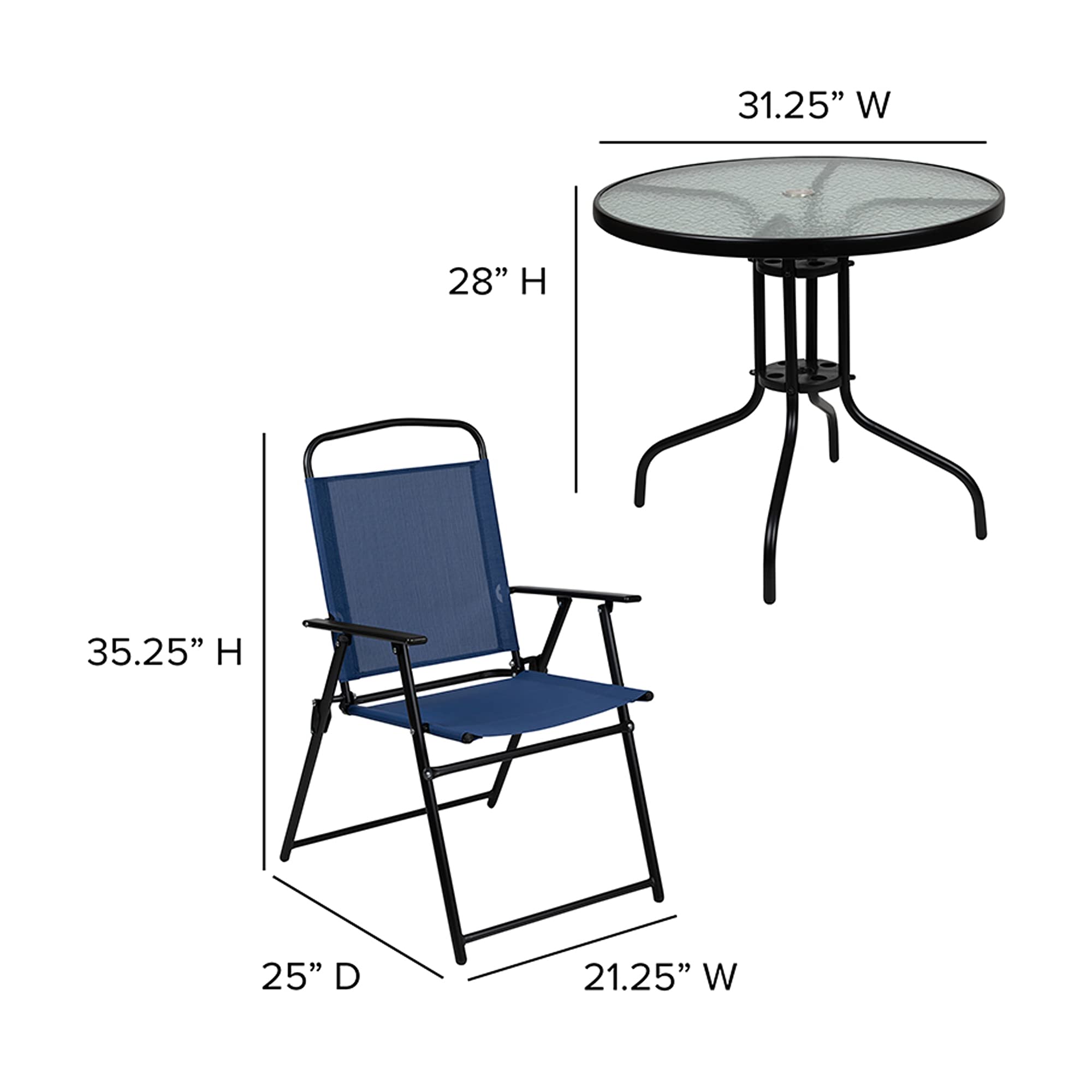 Flash Furniture Nantucket 6-Piece Patio Dining Set with Glass Table, 4 Folding Chairs, and Umbrella, Outdoor Patio Table, Chairs, Umbrella Set, Navy